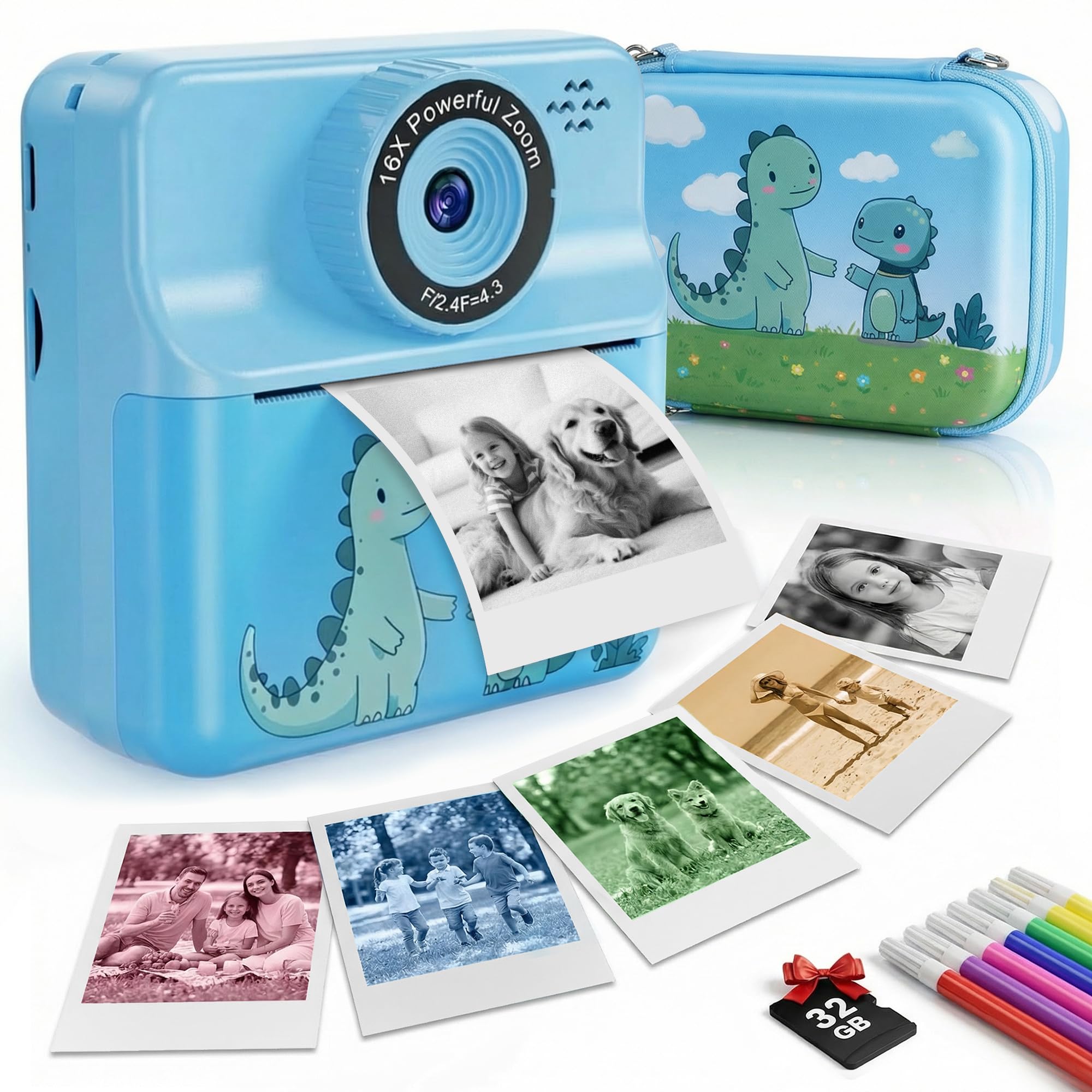 Kids Instant Print Camera, Dual-Lens Digital Video Camera with 32GB SD Card, 5-Color Paper, Portable Carry Case, Christmas Birthday Gift for Boys Girls Ages 3-12