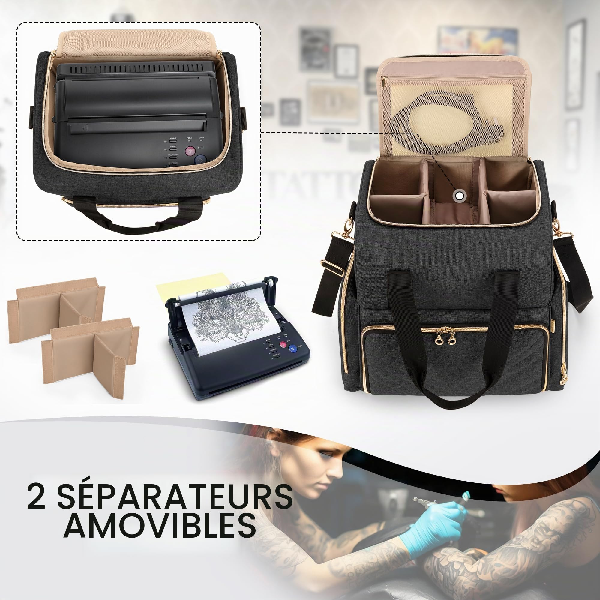 Luxja Grand Étui de Transport pour Tatouage avec 3 Pochettes Amovibles, Organisateur de Fournitures de Tatouage pour Imprimante de Pochoirs et Kit de Tatouage, Noir
