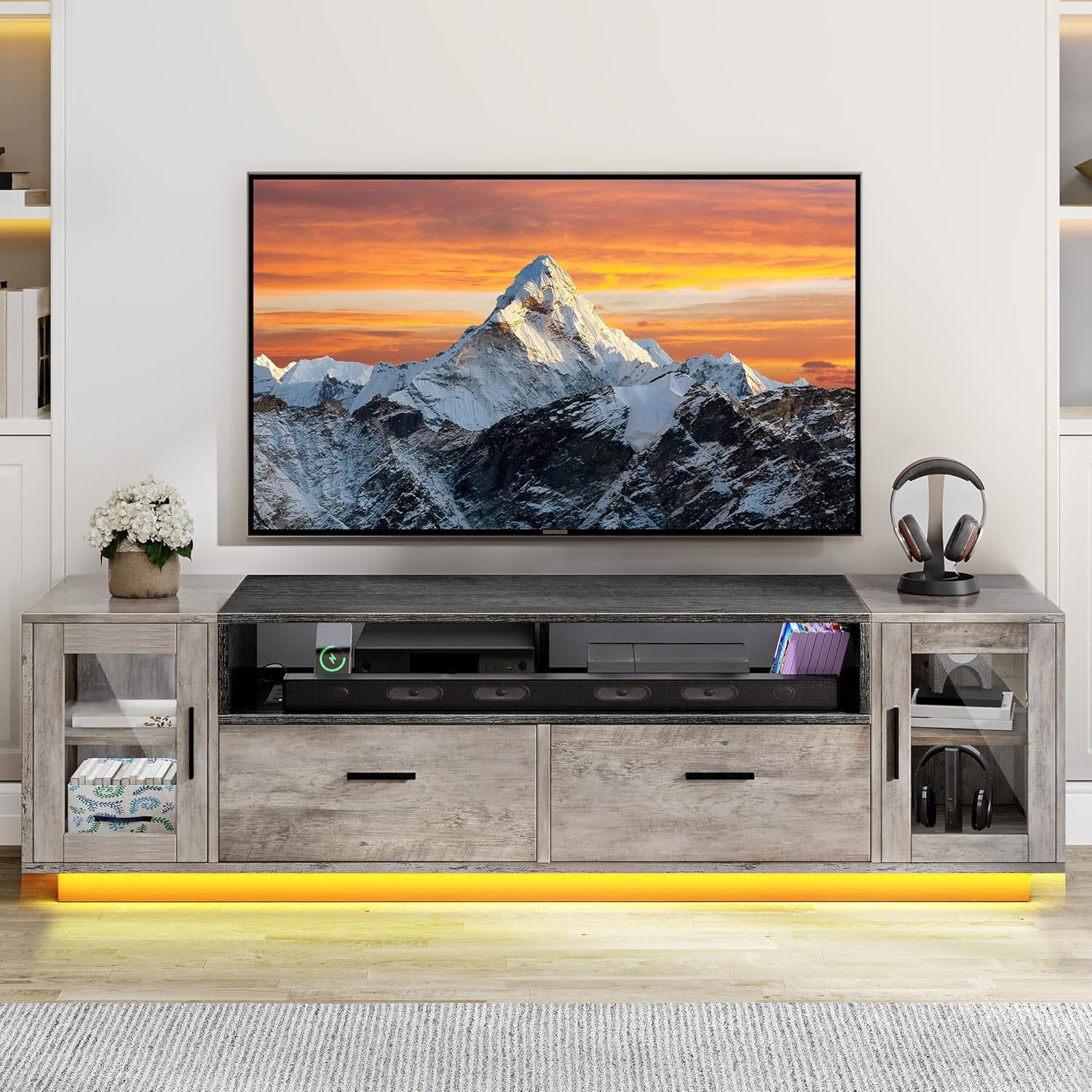 YITAHOME TV Stands for Living Room, Farmhouse TV Stand for 65/70 inch TV, LED TV Entertainment Center with Storage & Power Outlets, TV Console Cabinet