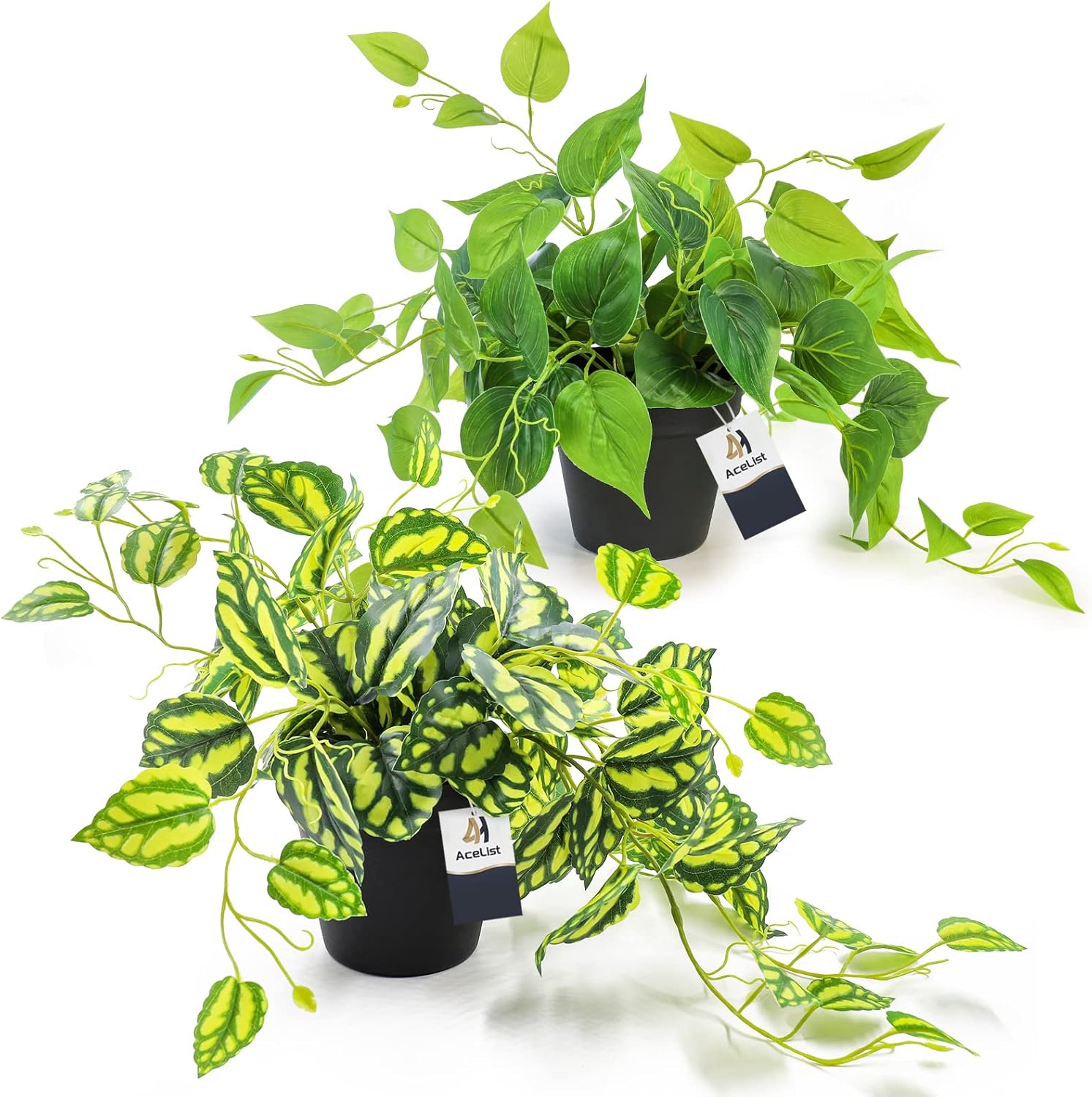 AceList 2 Pack Fake Plants, Artificial Plants for Home Decor Indoor, Realistic Fake Watermelon Leaves with Black Pot for Bedroom Living Room Shelf Outdoor Office Decor