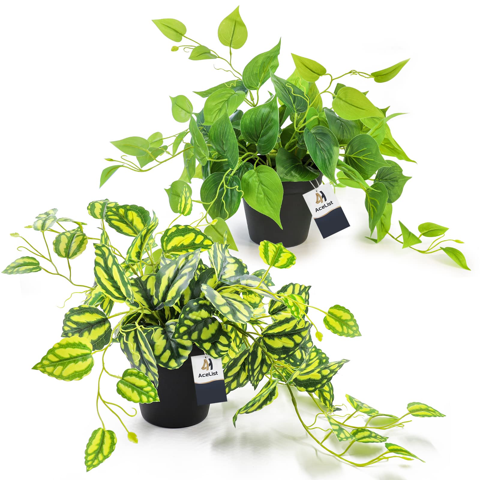 AceList2 Pack Fake Plants, Artificial Plants for Home Decor Indoor, Realistic Fake Watermelon Leaves with Black Pot for Bedroom Living Room Shelf Outdoor Office Decor