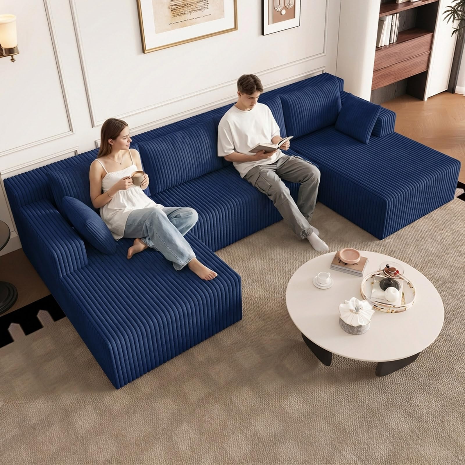 124" U-Shape Cloud Couch, Modern Modular Sectional U-Shape Sofa, Corduroy Boneless Couch Upholstered Couches Deep Seat Sleeper Chaise Longue for Living Room, No Assembly Required,Blue