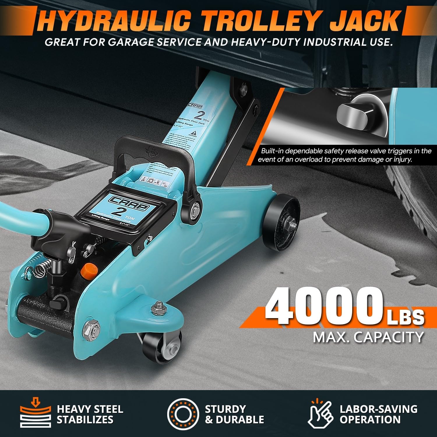 Low Profile Hydraulic Trolley Service/Floor Jack, Quick Lift Pump for Sport Utility Vehicle, 2 Ton (4000 lbs) Capacity, Lifting Range 5.3"-13", CAAP-TOLS-FJK-2-TB