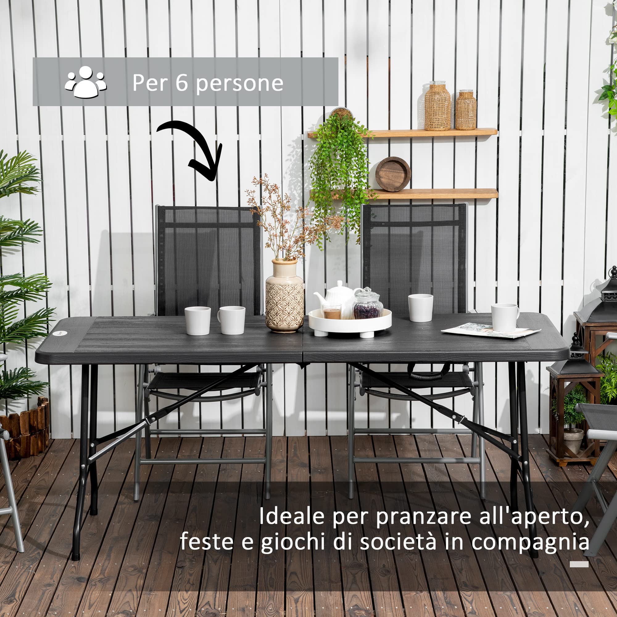Outsunny Tavolo da Giardino Pieghevole Rettangolare per 6 Persone in Acciaio e HDPE, 180x75.5x73cm, Grigio Scuro