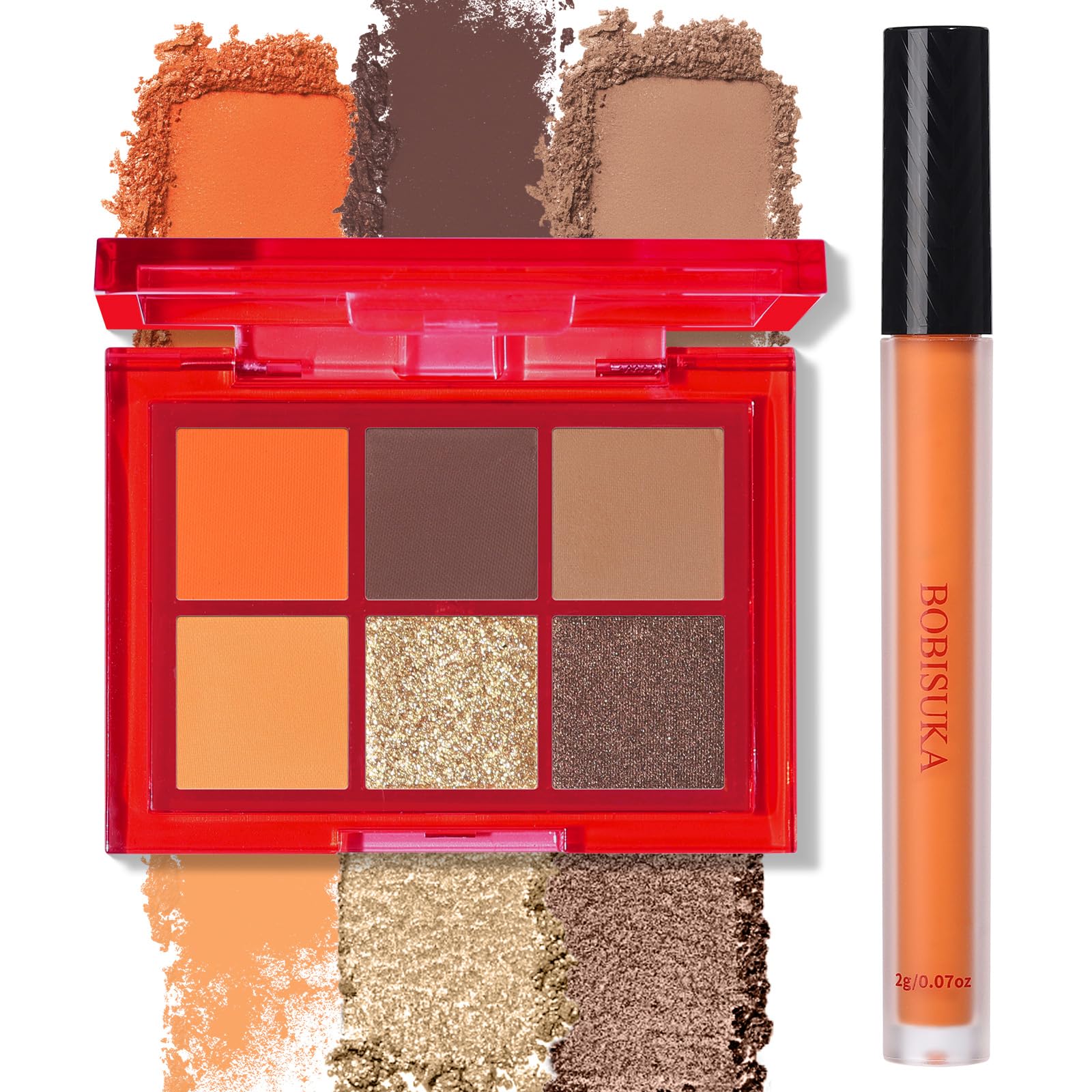 BOBISUKA Makeup Eyeshadow + Matte Lipstick Set, 6 Colors Orange Brown Warm Sunset Shimmer Matte Metallic Fall Eye Shadow Pallet with Orange Liquid