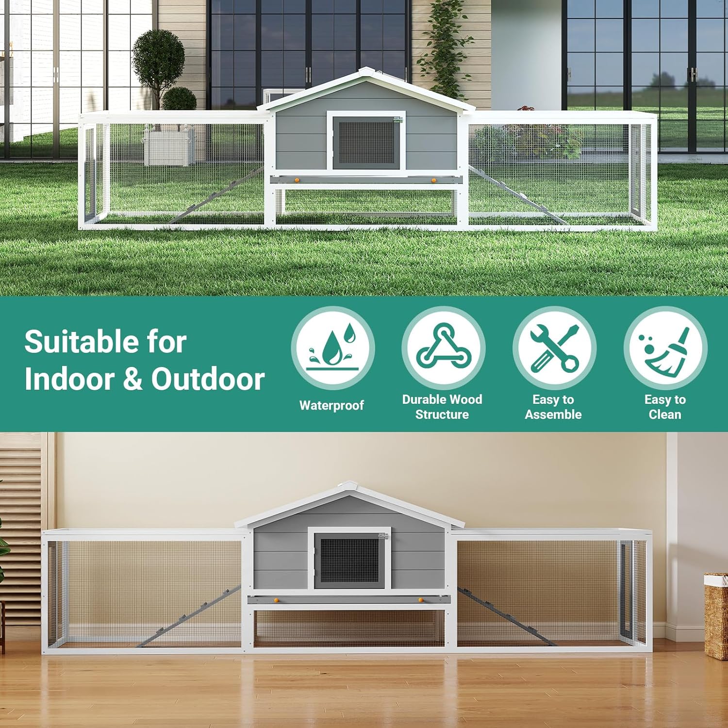 122" Large Wood Rabbit Hutch, Indoor Outdoor Rabbit Cage with Pull-Out Tray, Waterproof Asphalt Roof, Spacious Run Area, 2 Story Bunny Cage for Rabbit Chick Small Animals, Gray