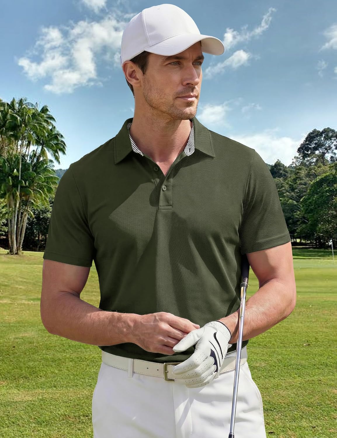 TACVASEN Golf Polos for Men Short Sleeve Dry Fit Lightweight Collared Shirt | Quick dry breathable polyester fabric | striped collar | for daily work athletic casual