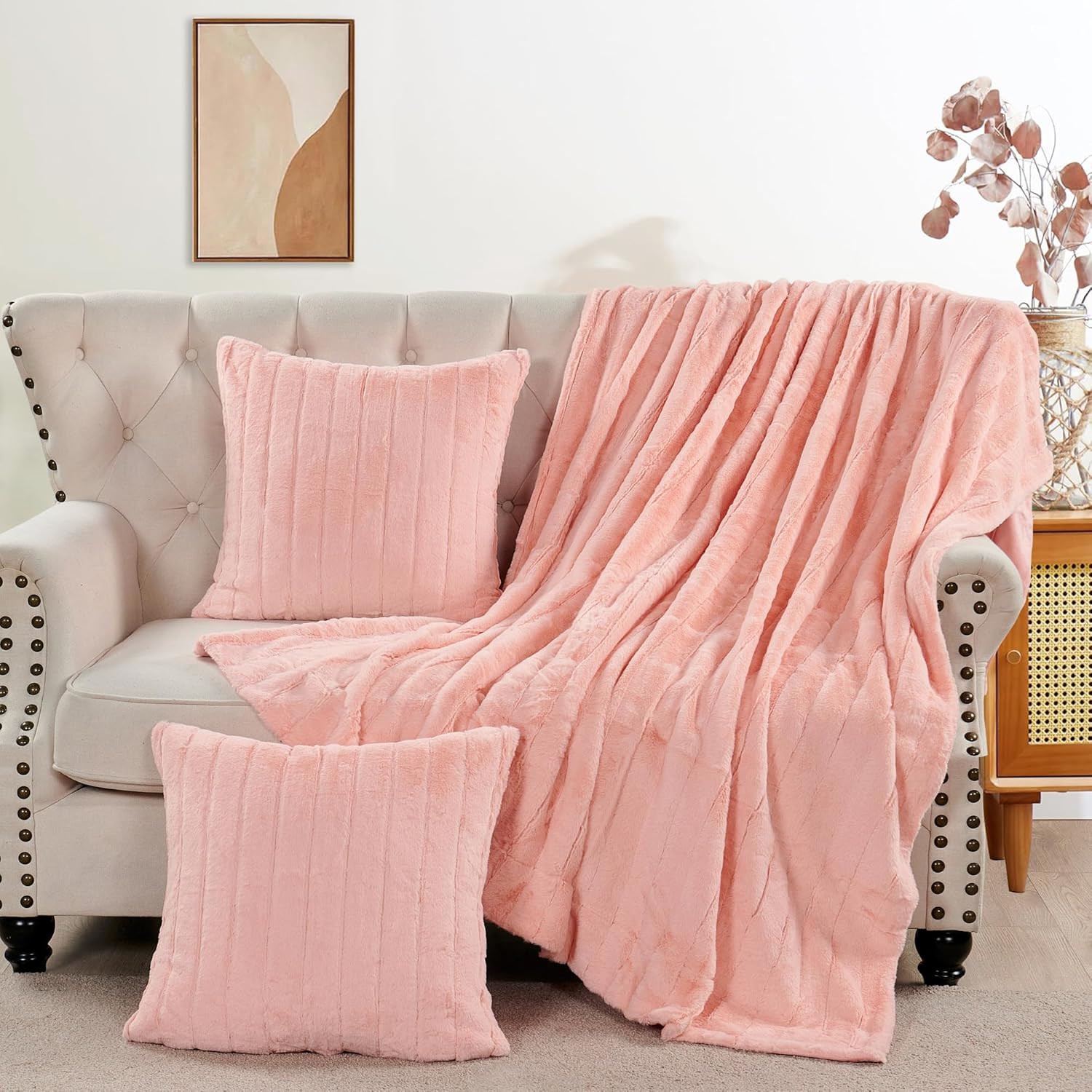Striped Throw Blanket and Pillow Covers Set (No Inserts) for Couch and Bed, Plush Warm Lightweight Fuzzy Faux Fur Blanket for All Seasons (50" x 60", Pink)