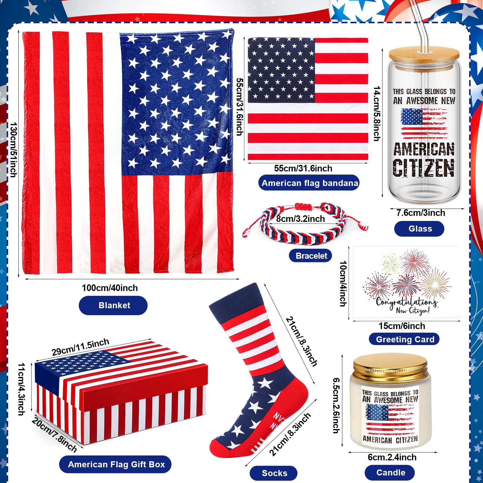 Nuanchu 8 Pcs New Us Citizenship Gifts American Flag Gifts Set with Citizen Glass Candle American Flag Blanket Sock Bandana Bracelet Patriotic Gift Box Congratulations Card for Veterans