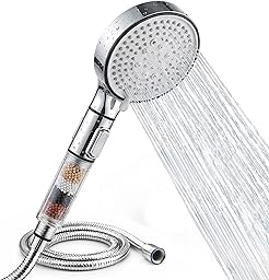 MELTA® Pommeau de Douche Haute Pression Filtrant avec Flexible 1,5 m – Douchette Anti Calcaire avec Filtre Minéral, 5 Modes de Jet, Bouton Stop Eau, Installation Sans Outils, Universel (CHROME POLI)