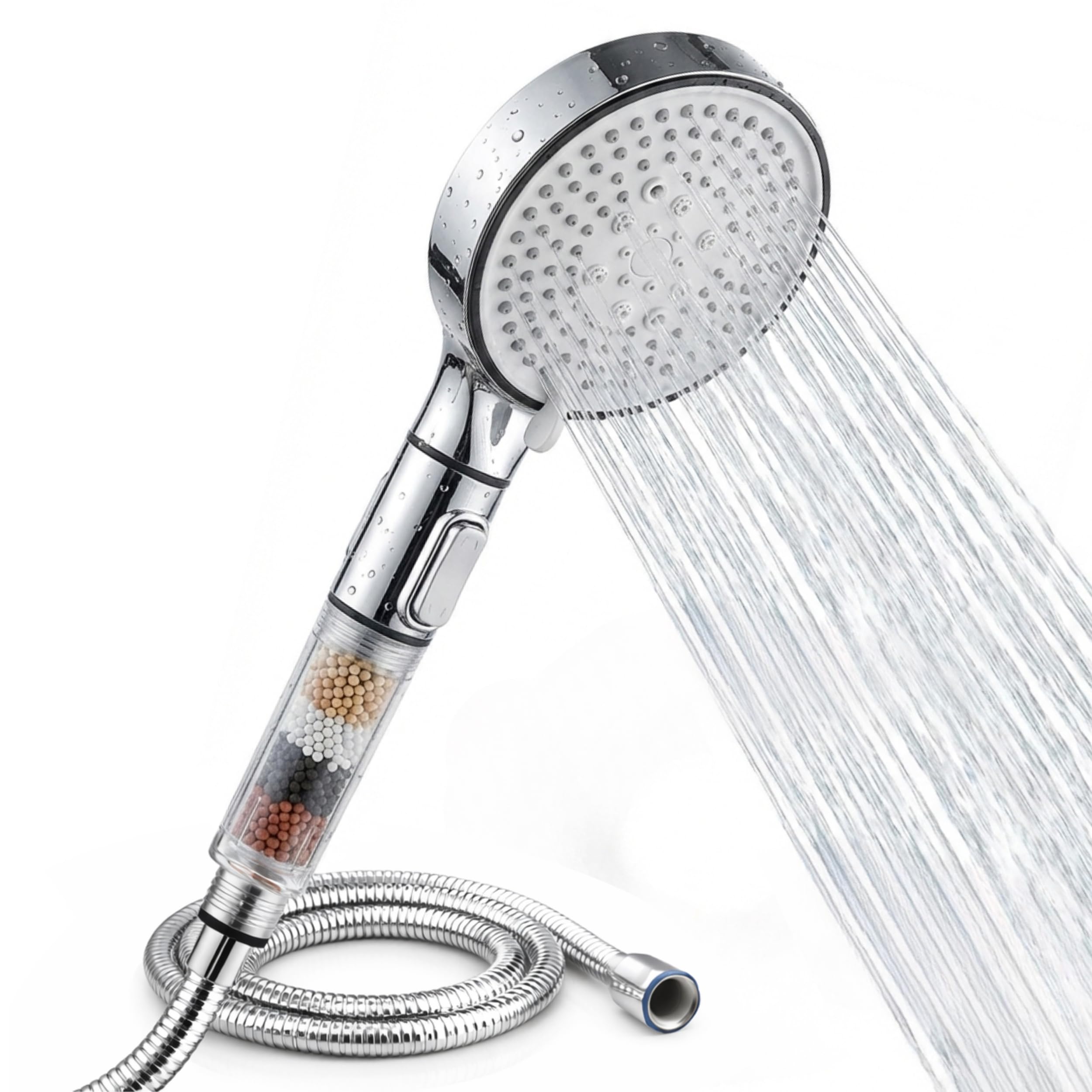 MELTA® Pommeau de Douche Haute Pression Filtrant avec Flexible 1,5 m – Douchette Anti Calcaire avec Filtre Minéral, 5 Modes de Jet, Bouton Stop Eau, Installation Sans Outils, Universel (CHROME POLI) - 1