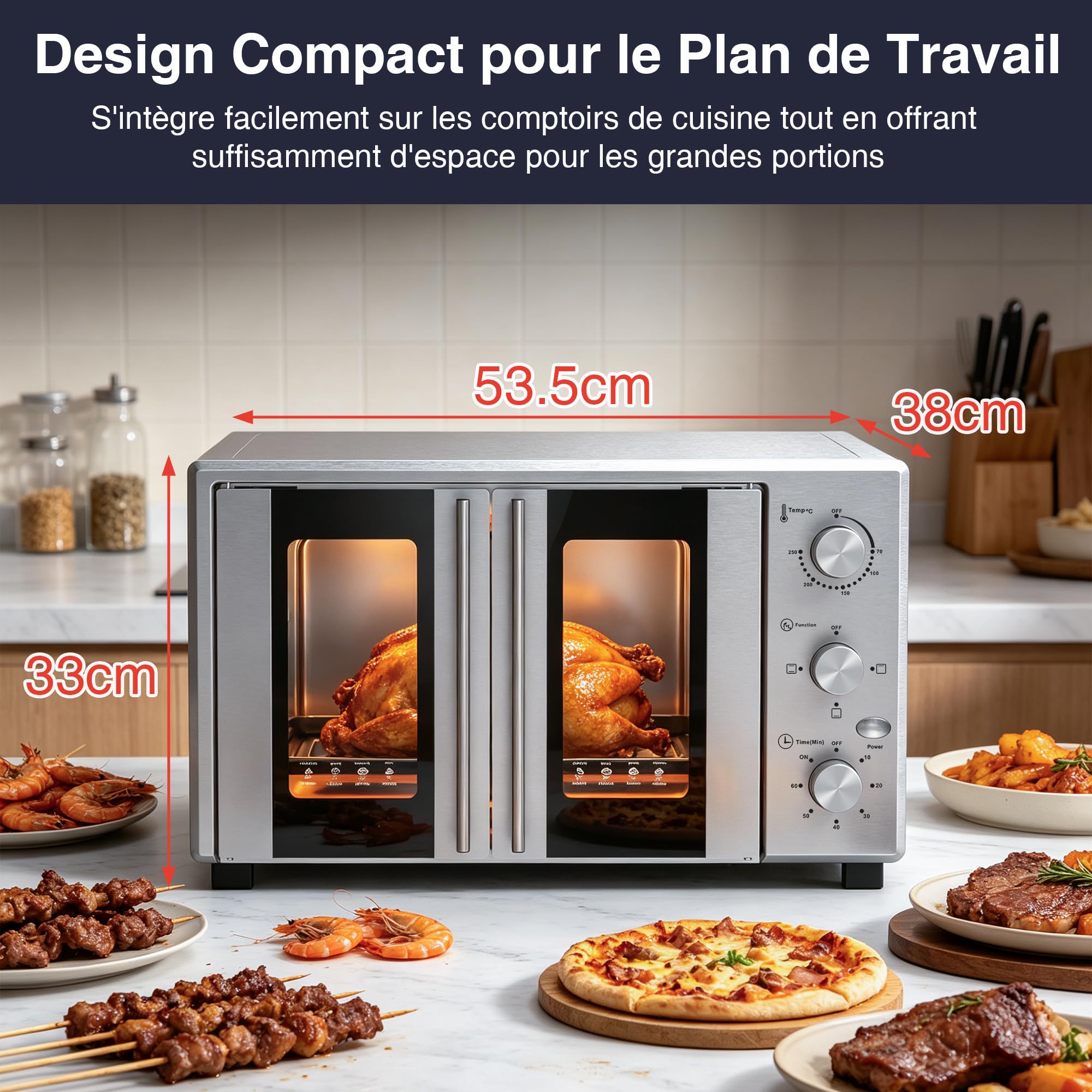 Mini Four Électrique 38L, Four Posable Double Porte 1600W | 3 Modes de Chauffage, Thermostat Réglable 250°C, Minuteur 60 min, Four à Pizza pour Pâtisserie, Poulet Rôti, Repas Familiaux