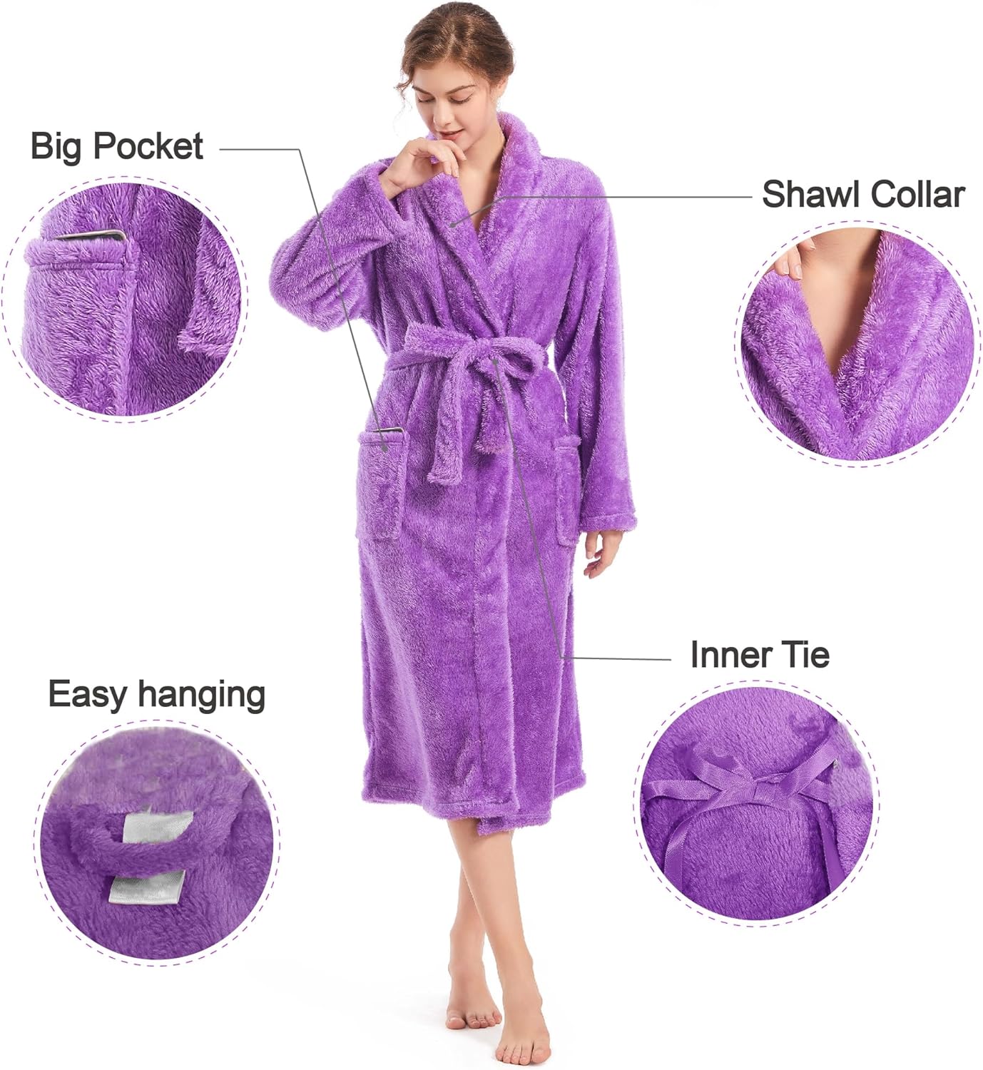 Inner Wish Womens Plush Fleece Robe, Cozy Warm Bathrobe Fuzzy Female Spa Robe With Pockets - Image 5