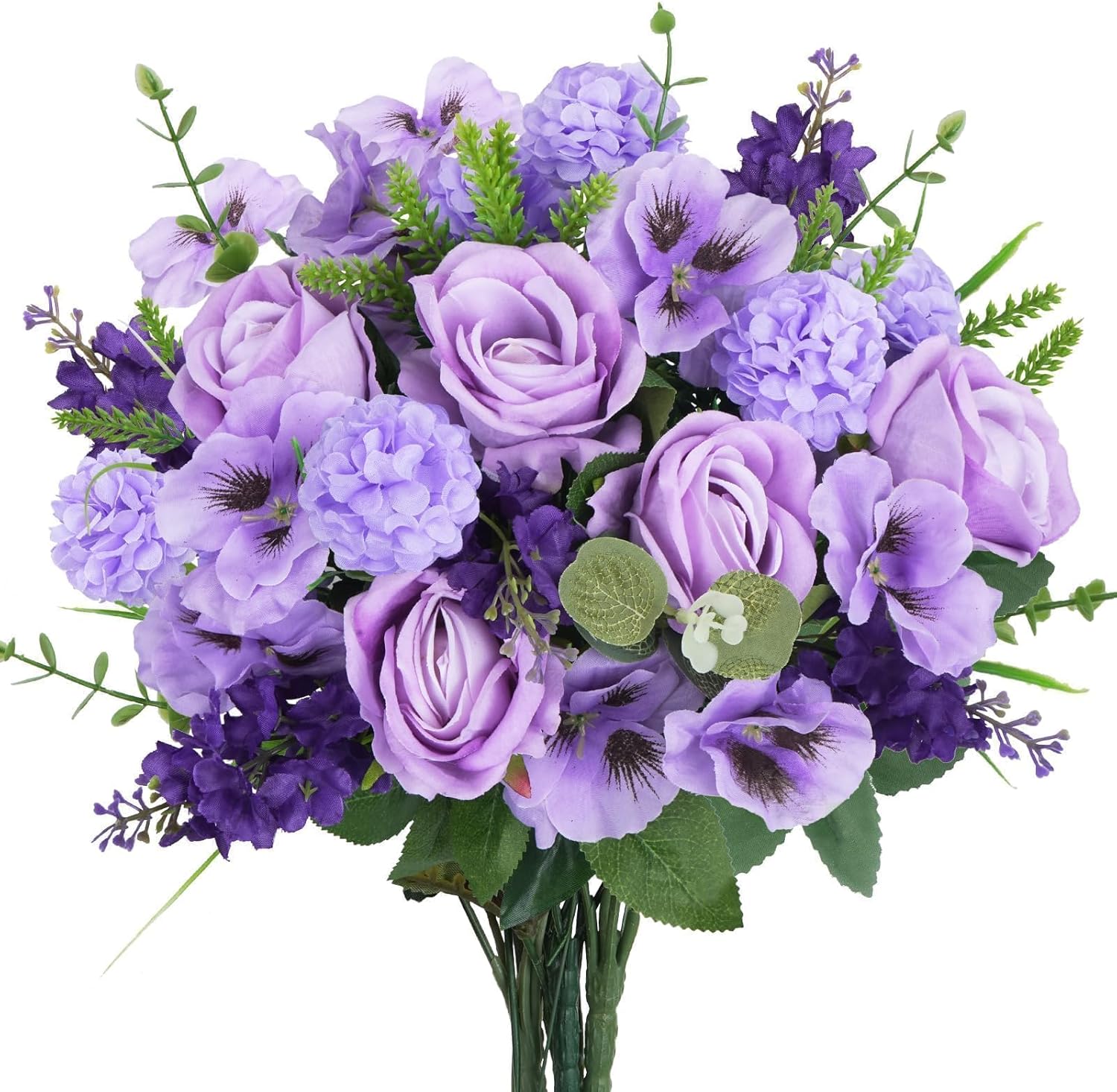 HUAESIN Purple Roses Silk Lilac Flowers Artificial Spring Flowers Bouquet Indoor Fake Flower Arrangement for Table Centerpieces Wedding Party Cemetery Kitchen Decor