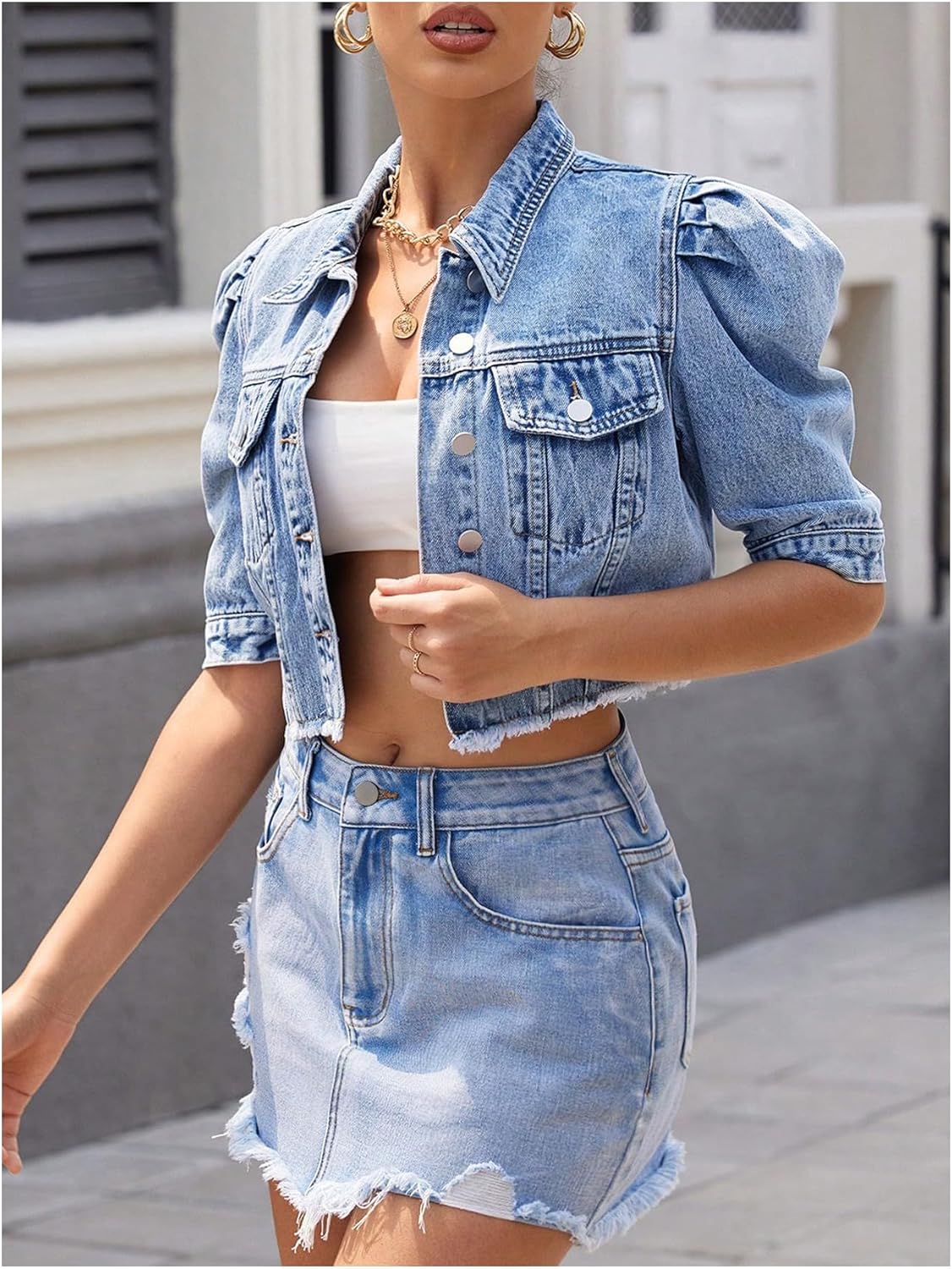 WDIRARA Women's Button Down Puff Sleeve Crop Denim Jacket Short Sleeve Raw Hem Jean Coat - Image 5