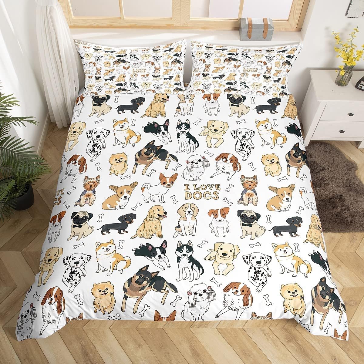 Couverture Super King Carlin et Corgi housse de couette chien aquarelle réversible gris pour lit