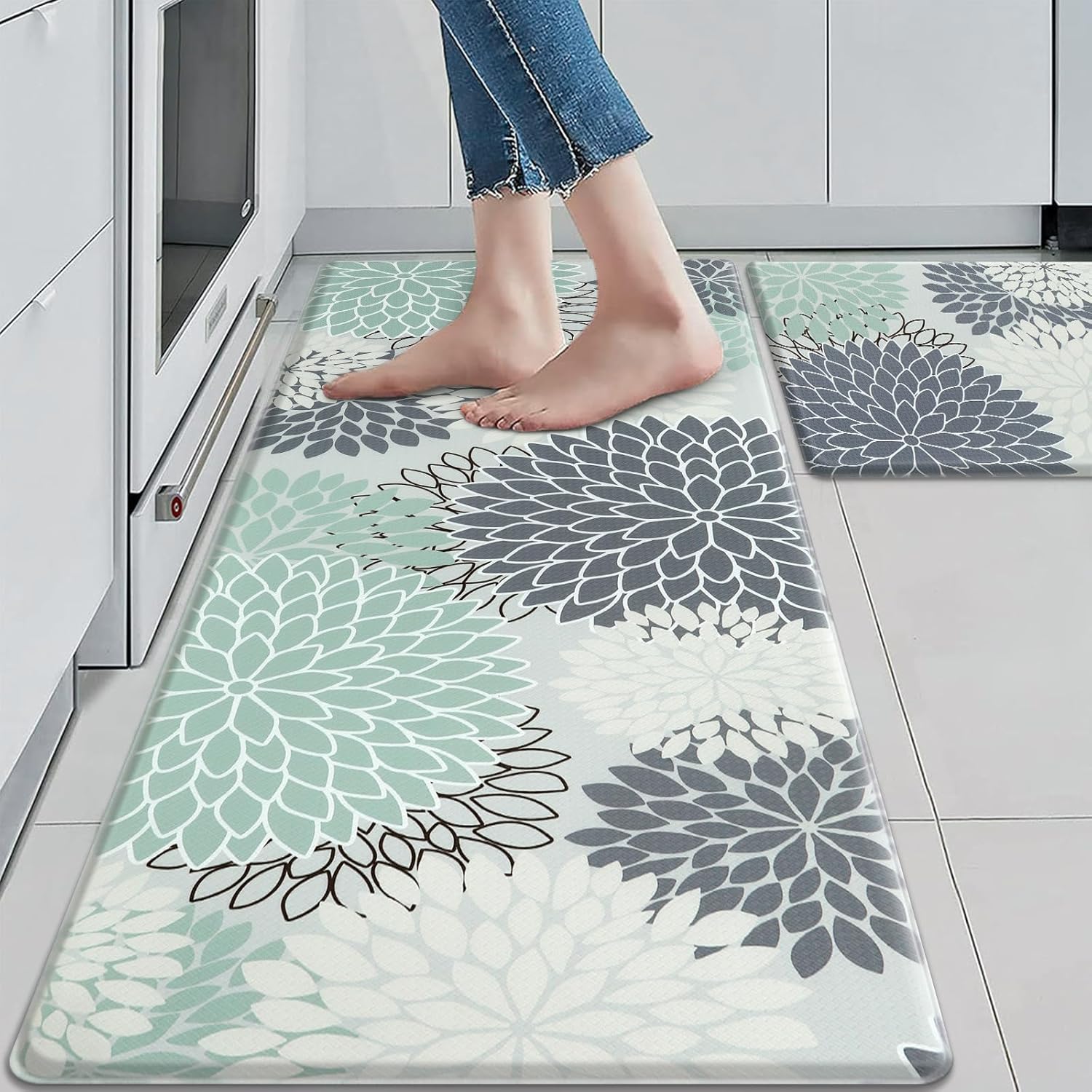 Anti Fatigue Kitchen Mat 2PCS,Boho Floral Kitchen Rugs Non