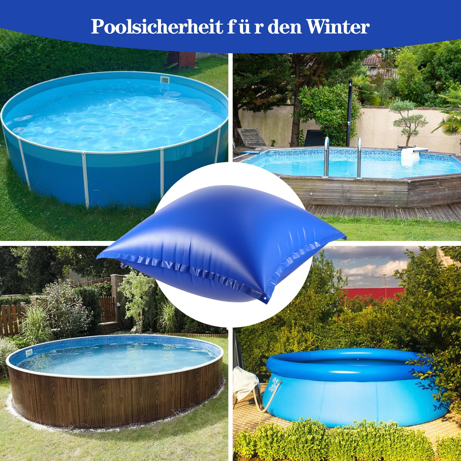Cojín de piscina de invierno para piscina, cojín de aire de 120 x 120 cm, cojín de invierno con válvula de seguridad, con cuerda de 8 m para la mayoría de tipos, cojines de piscina, cojín