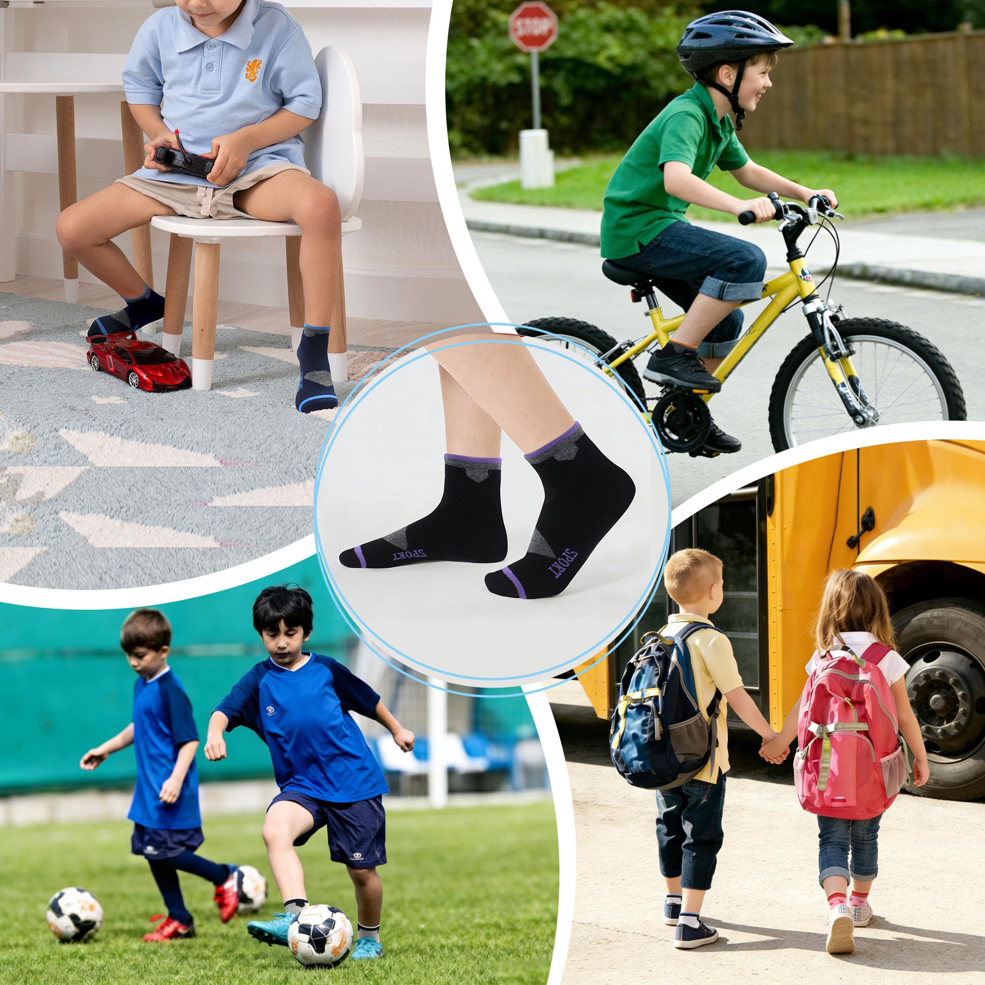 Chaussettes Enfant Garçon Fille Coton Doux Respirantes Motifs Sport Unisex Foot Confortables Pack de 12