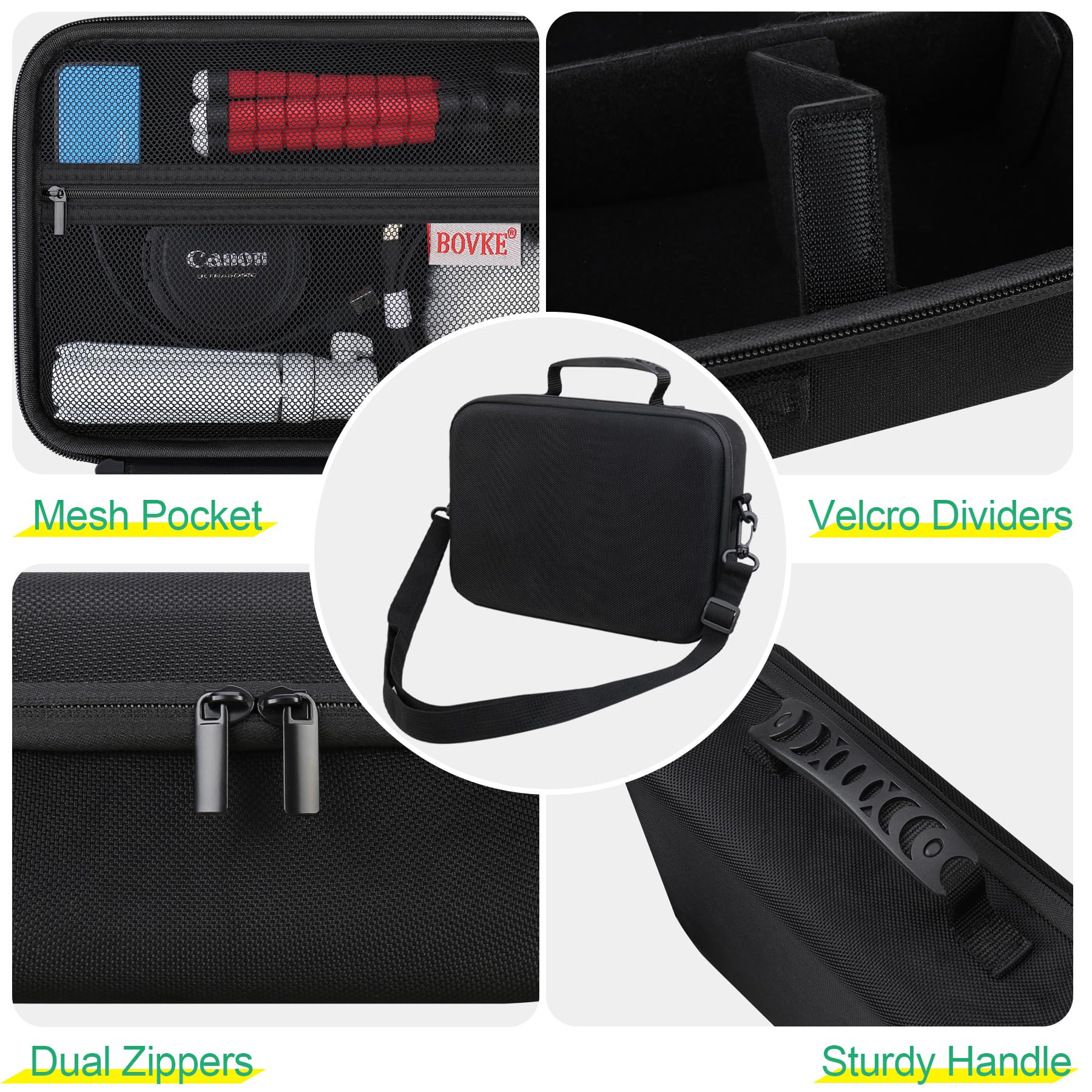 BOVKE Trasporto Custodia per Canon EOS R50/R100/4000D/2000D/250D/R10/R7/Rebel T7, Custodia per Sony Alpha 7 III/A7R IV, NiKon D3500/D7500, Spazio per Obiettivo, Trapalla con 5 Divisori, Nero