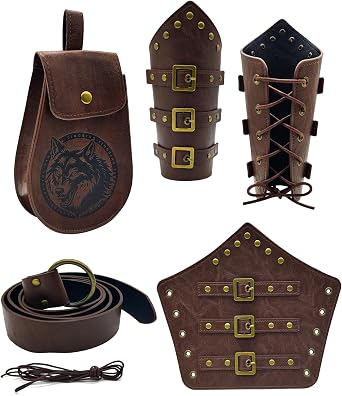 4 Pcs Renaissance Accessories, Medieval Vintage Belt Pouch Leather Bracers for Adults Cosplay Halloween Theme Party