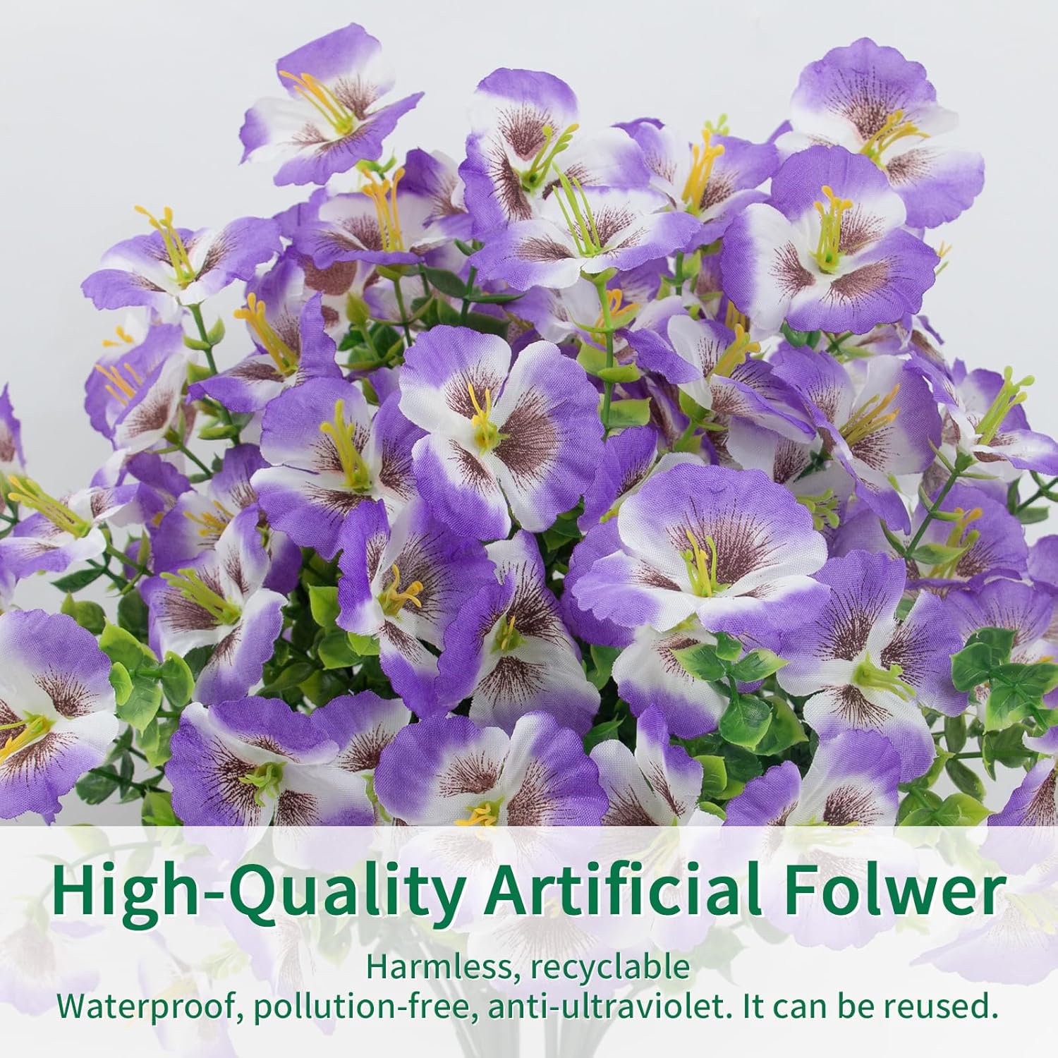 24 Bundles Artificial Pansy Flowers for Outdoor, UV Resistant Faux Silk Pansies for Window Box Planter, Fake Spring Flowers for Front Door Porch Patio Yard Decor (White Purple)