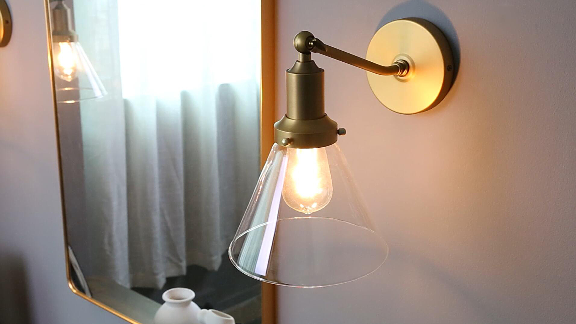 Image of PERMO Industrial Vintage Slope Pole Wall Mount Single Sconce with Funnel Flared Clear Glass Shade Chrome Wall Sconce Light Fixtures
