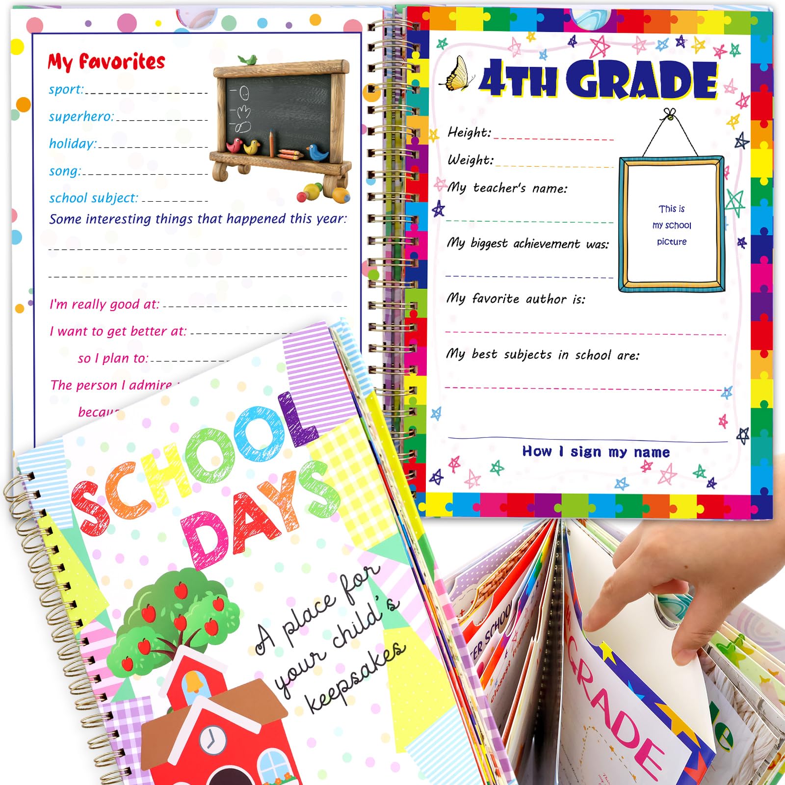 Schul-Erinnerungsbuch, Hardcover, Album, Sammelalbum, Andenken von der Vorschule bis zur 12. Klasse, mit 14 Taschen, Schule, Foto, Bilder, Aufbewahrung, Abschlussgeschenke