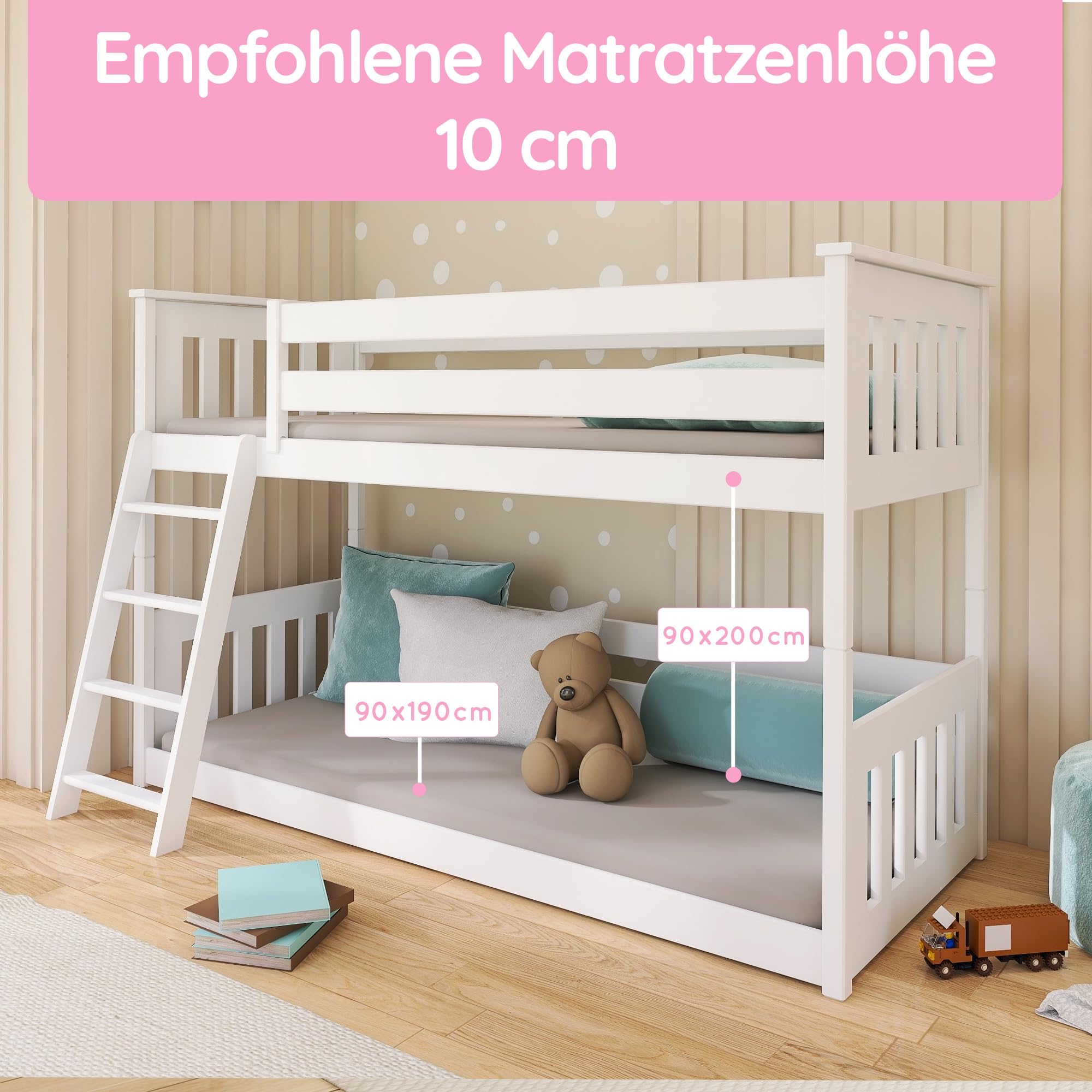 Kids Collective Hochbett 90x200 cm mit Rausfallschutz & Zwei Lattenroste in weiß Mädchen Jungen Bett Kinderbett Jugendbett 90x200 cm | von 4. bis 18. Lebensjahr