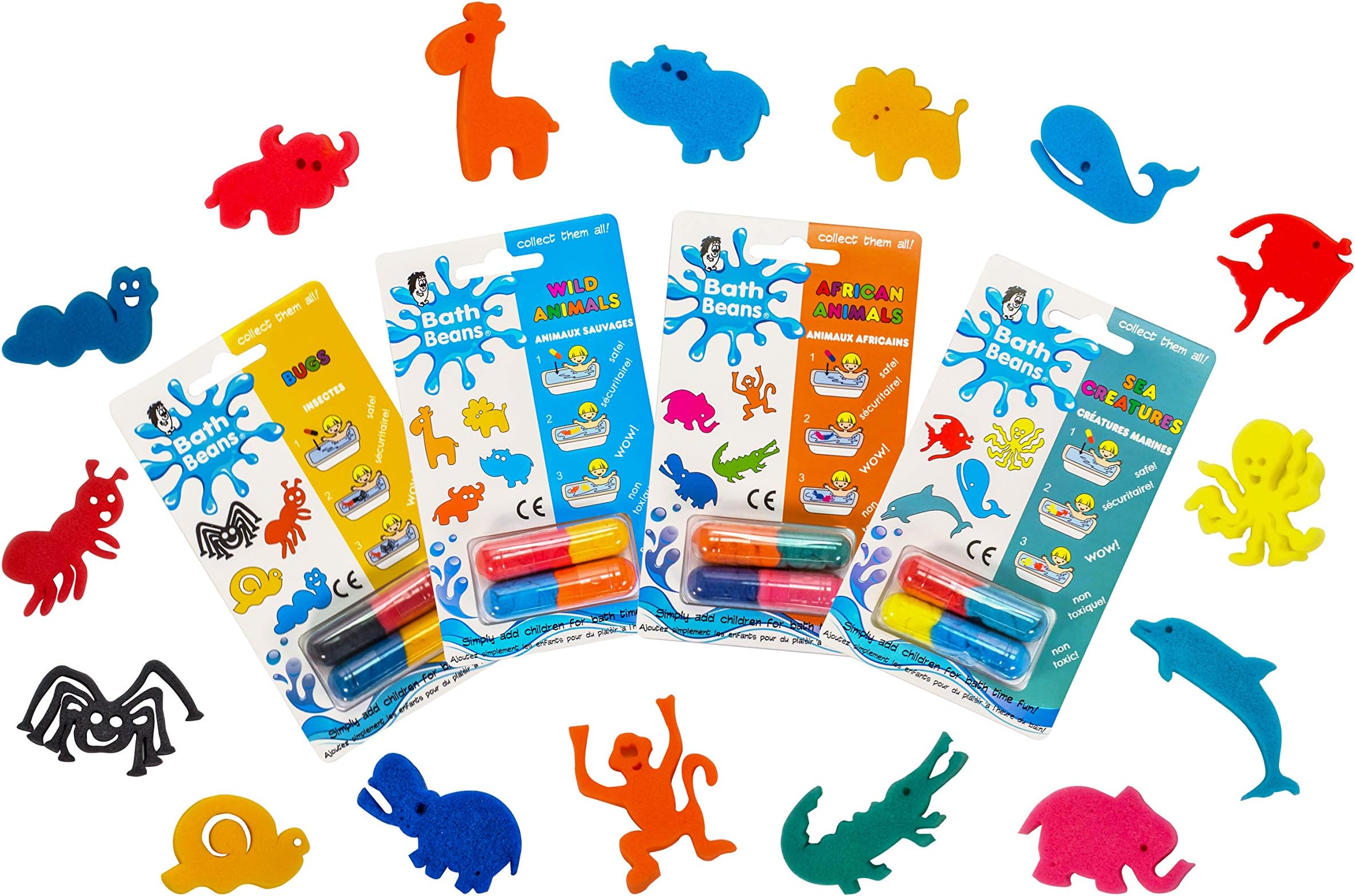 Bath Beans - Sea Creature, African Animals, Bugs & Wild Animals - ANIMAL LOVERS BEST BUNDLE. For children 3+ yrs. Giant magic capsules unfold into sponge toy characters when dropped into warm water