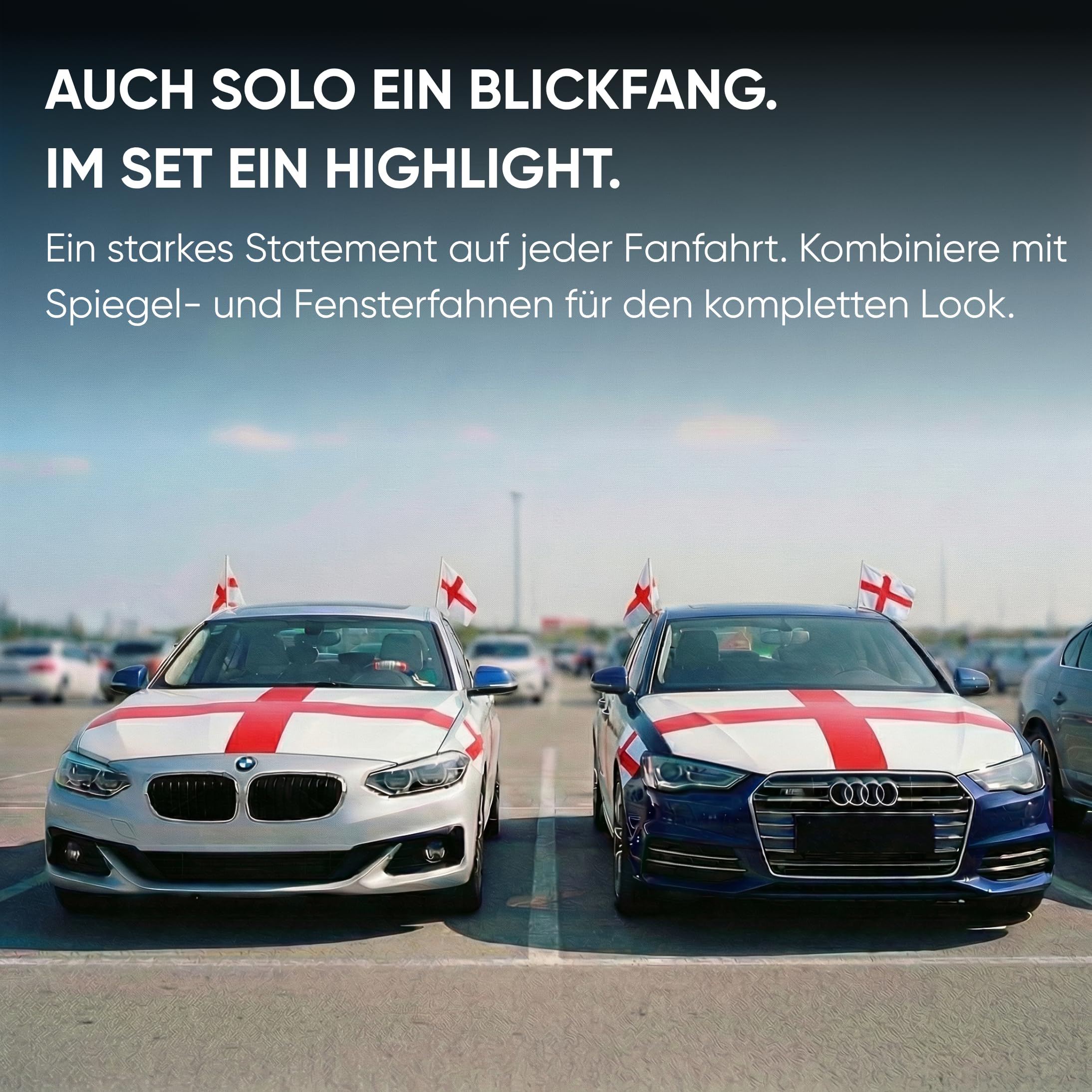 Auto Fahnen England Set - Motorhaubenflagge & 2 Außenspiegelfahnen Überzieher, Autoflagge Fanartikel für Fußball EM & WM, Englische Flagge Fahrzeug Deko