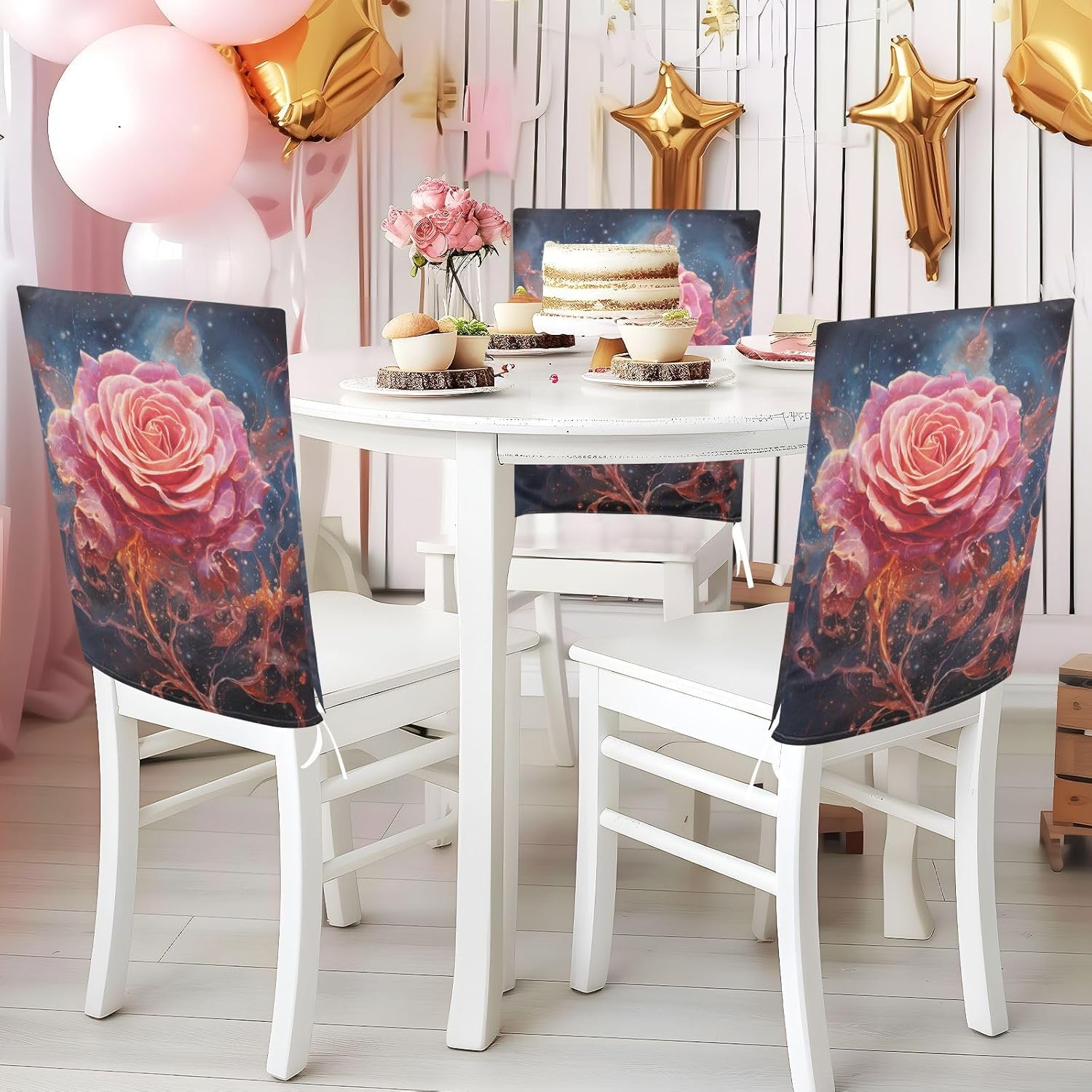 ALAZA Pink Rose on Blue Sky Chair Back Cover Set of 6, Washable Reusable Removable Chair Slipcovers Decorative Chair Cover for Home Kitchen Wedding Party