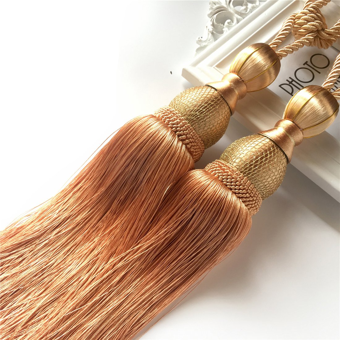 Turbokey Champagne 1 Pair Tassels Curtain Rope Tiebacks Drapery Tassel Clip Buckle Holdback Decorative Hand-Knitted Cotton Tiebacks (Champagne)