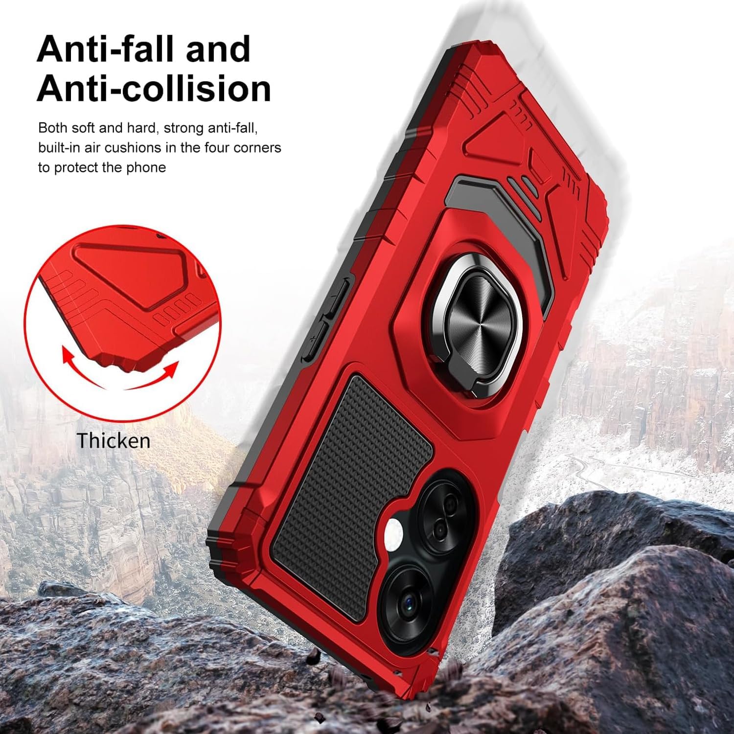  Compatible for OnePlus Nord N30 5G Phone Case (Red) | Metal Ring Magnetic Support Kickstand Heavy Duty Drop Protector Phone Case Cover thumbnail