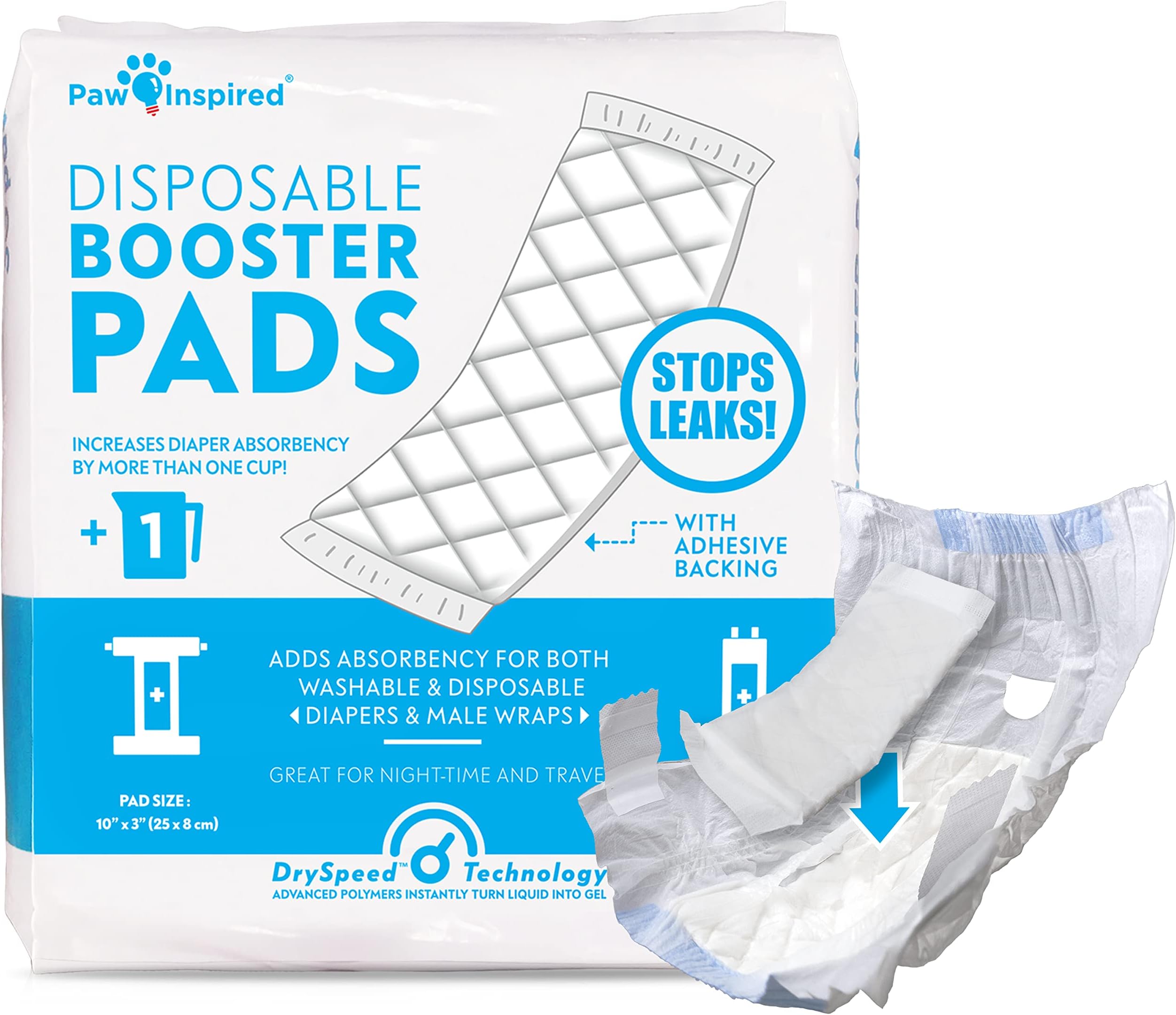 Paw Inspired Disposable Dog Diaper Booster Pads, Inserts for Male & Female Dog Diapers & Belly Bands, Flow-Through Design Adds Absorbency to Extend Diaper Use (30 Count)