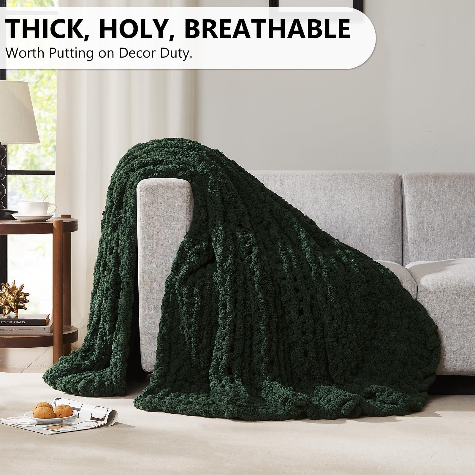 L'AGRATY Chunky-Strickdecke Olivgrün (150x200 cm), Weiche Chenille-Garn Wurfdecke, Handgemachte Zopfstrick-Decke, Kuschelige Häkeldecke für Sofa, Bett & Wohnkultur