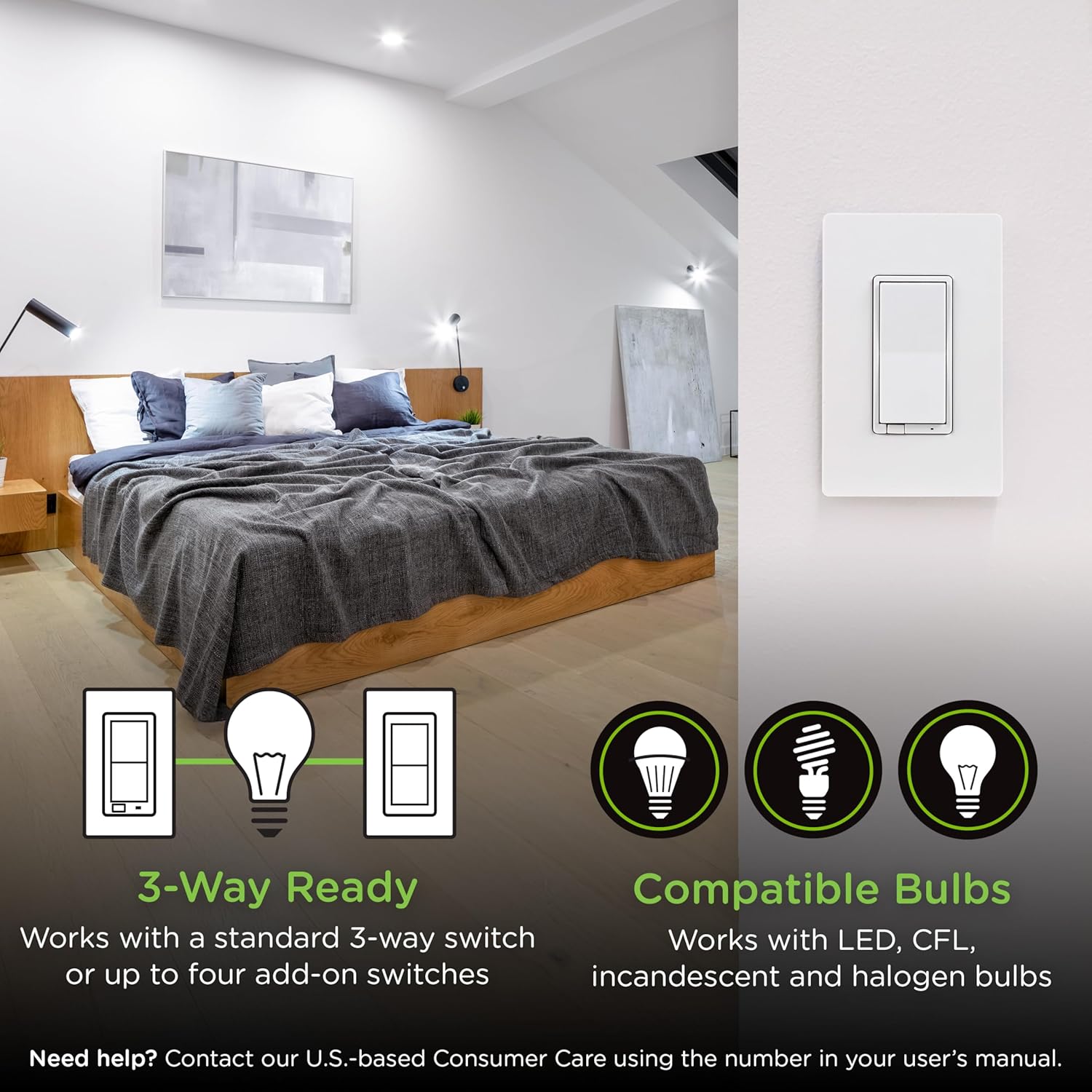 Enbrighten 800 Series Z-Wave On/Off Paddle Switch, Long Range 800LR, Quick Fit, Simple Wire, Direct 3-Way (No Add-On Switch Needed), Smart Hub Required, Compatible with Alexa, Google Home, 76591