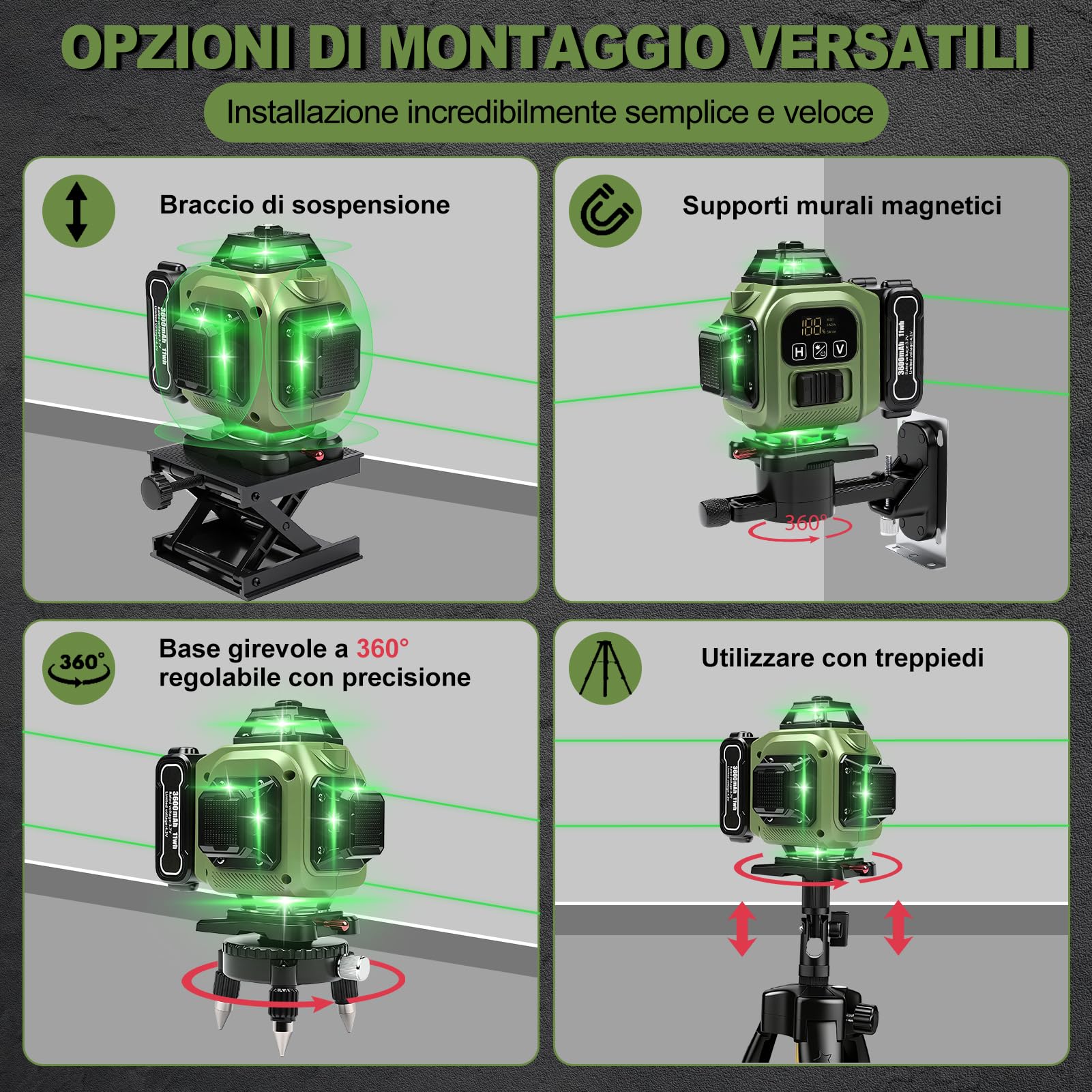 Livella laser a croce con 16 linee,portata di 30 m, autolivellante 4 x 360° con treppiede, ideale per cantieri edili interni, con batterie da 3x3600 mAh.
