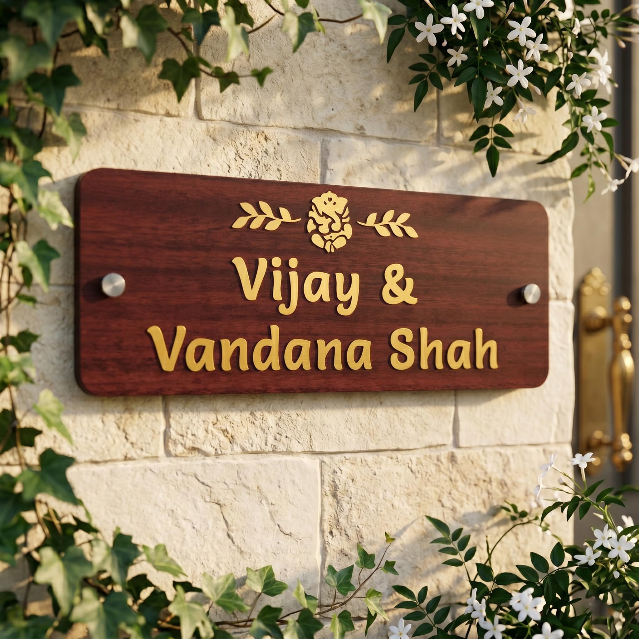 Name Plate for Home Entrance Customized Golden Acrylic Letters with Wooden Base 12x5 Inch for Home Office House Flat Door Address Board-image-48