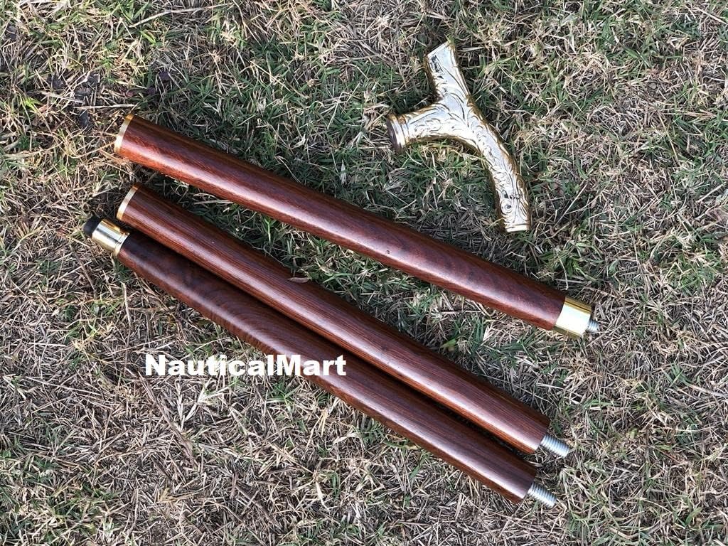 Brass Fritz Style Handle Walking Cane with Brown Beechwood Shaft