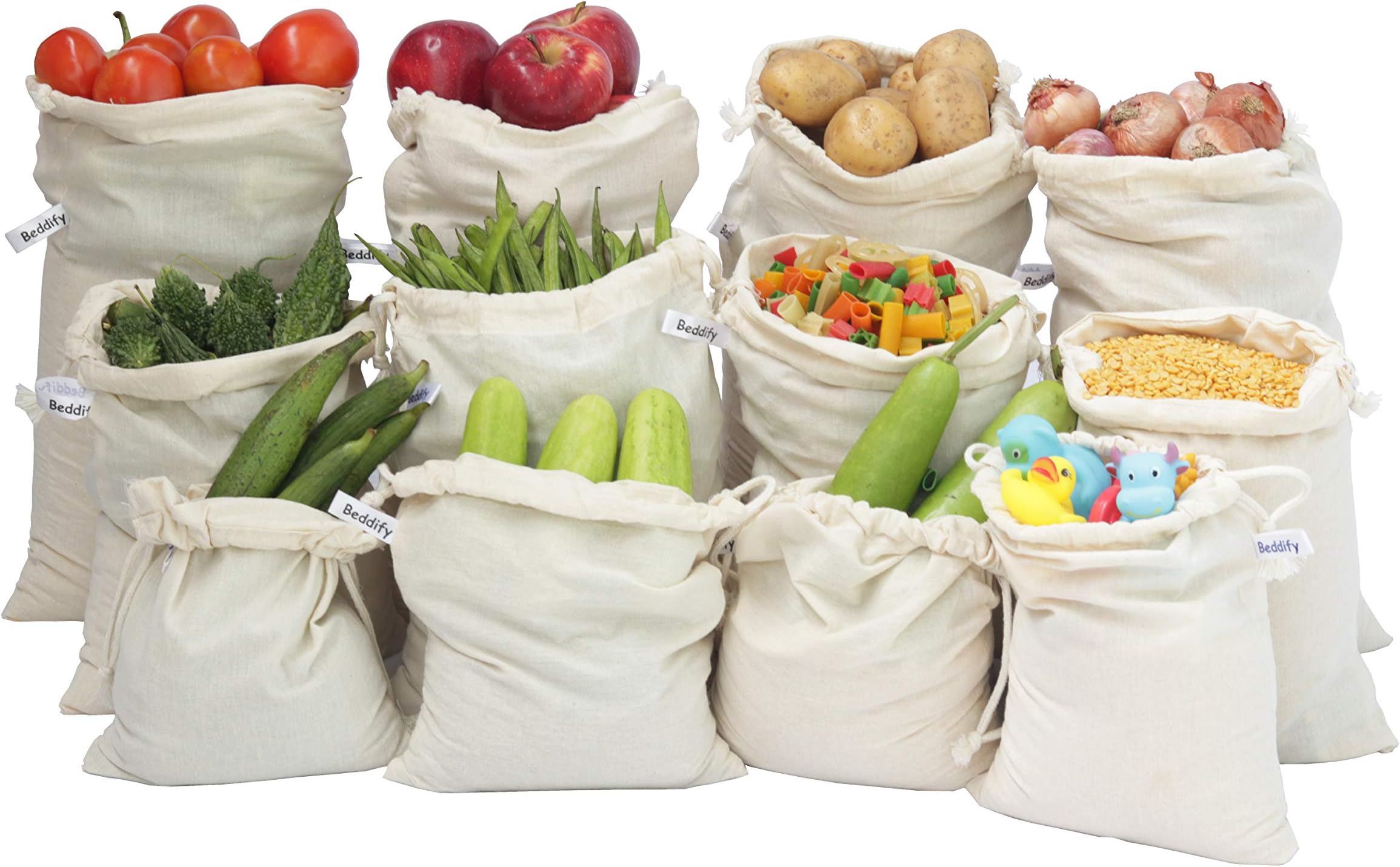 Beddify Cotton Set of 12 Reusable Fridge Storage Bags for Vegetables and Fruits Quality Multipurpose Eco Friendly Bags (4 Large, 4 Medium & 4 Small Size Bags) Drawstring