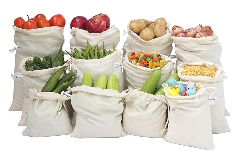 Beddify 100% Cotton Set Of 6 Reusable Fridge Storage Bags For Vegetables And Fruits Premium Multipurpose Bag (2 Small, 2 Medium & 2 Large Size Bag) - Drawstring