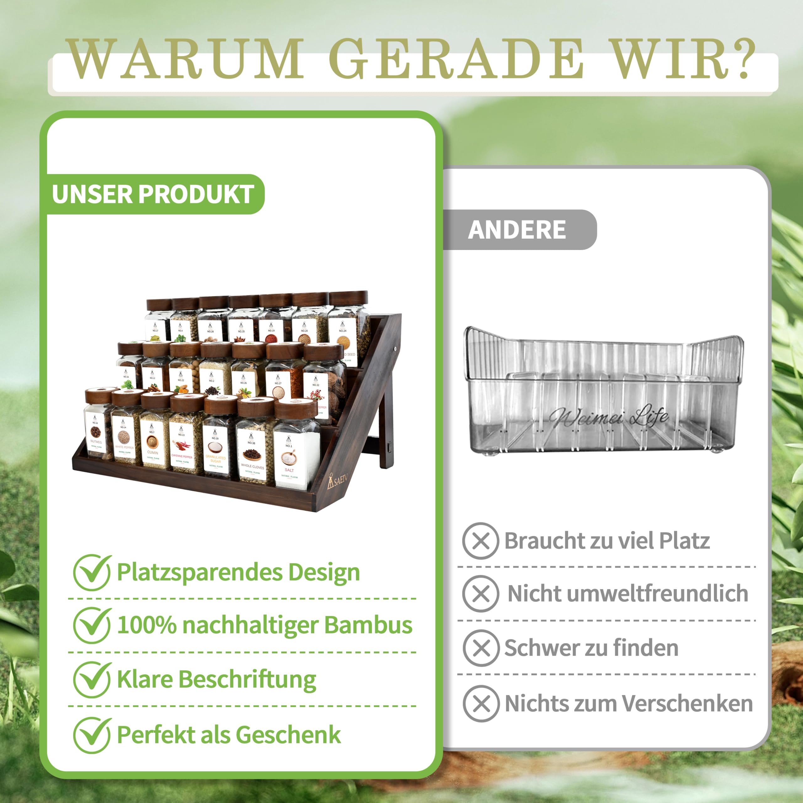 SAEIV Gewürze set 2-in-1 Akazien Holz FCM®21x120ml gewürzstreuer glas gewürzgläser eckig gewürzgläser glas Gewürz Organizer gewürzbehälter gewürzdosen spice jars gewürzgläser leer mit 120 Etiketten