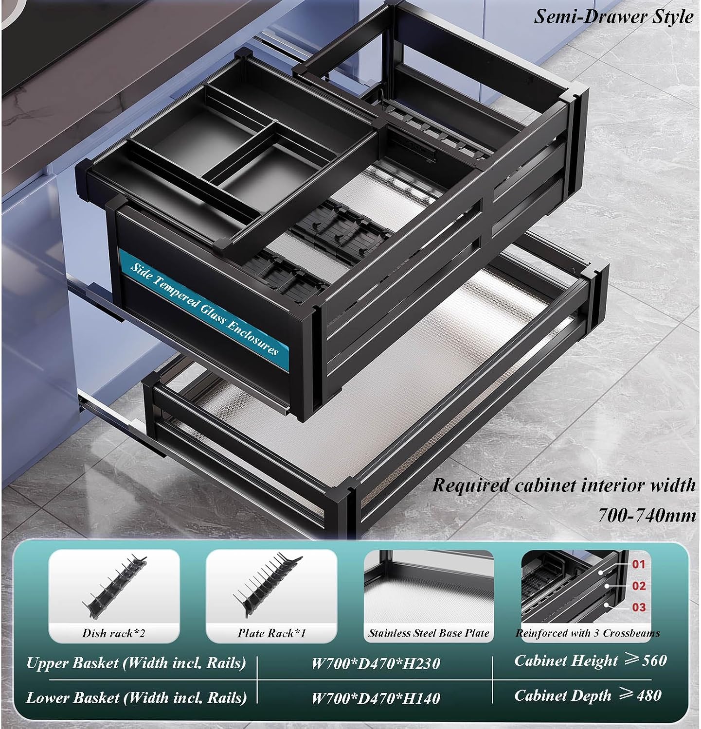 2 Tier Pull Out Cabinet Organizer Baskets with Mesh Sliding Drawers, Under Sink Organizer, Slide Out Storage Shelf for Home, Kitchen, Bathroom, Pantry, Office Cabinet, Countertop