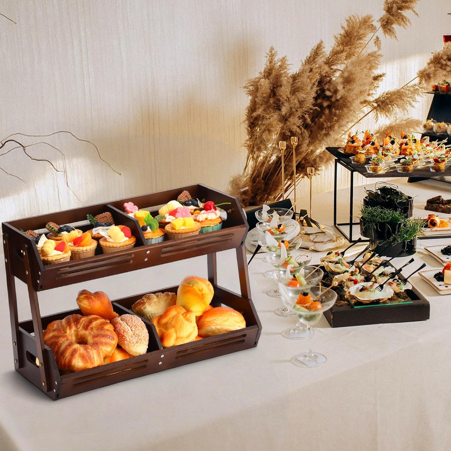 2 Tier Fruit Basket for Kitchen Counter Fruit Storage 16.5 Inch Large Wood Vegetables Basket with 4 Banana Hooks Bowl Stand Holder Snack Organizer Countertop Onion Bread Pantry(Pine Wood)