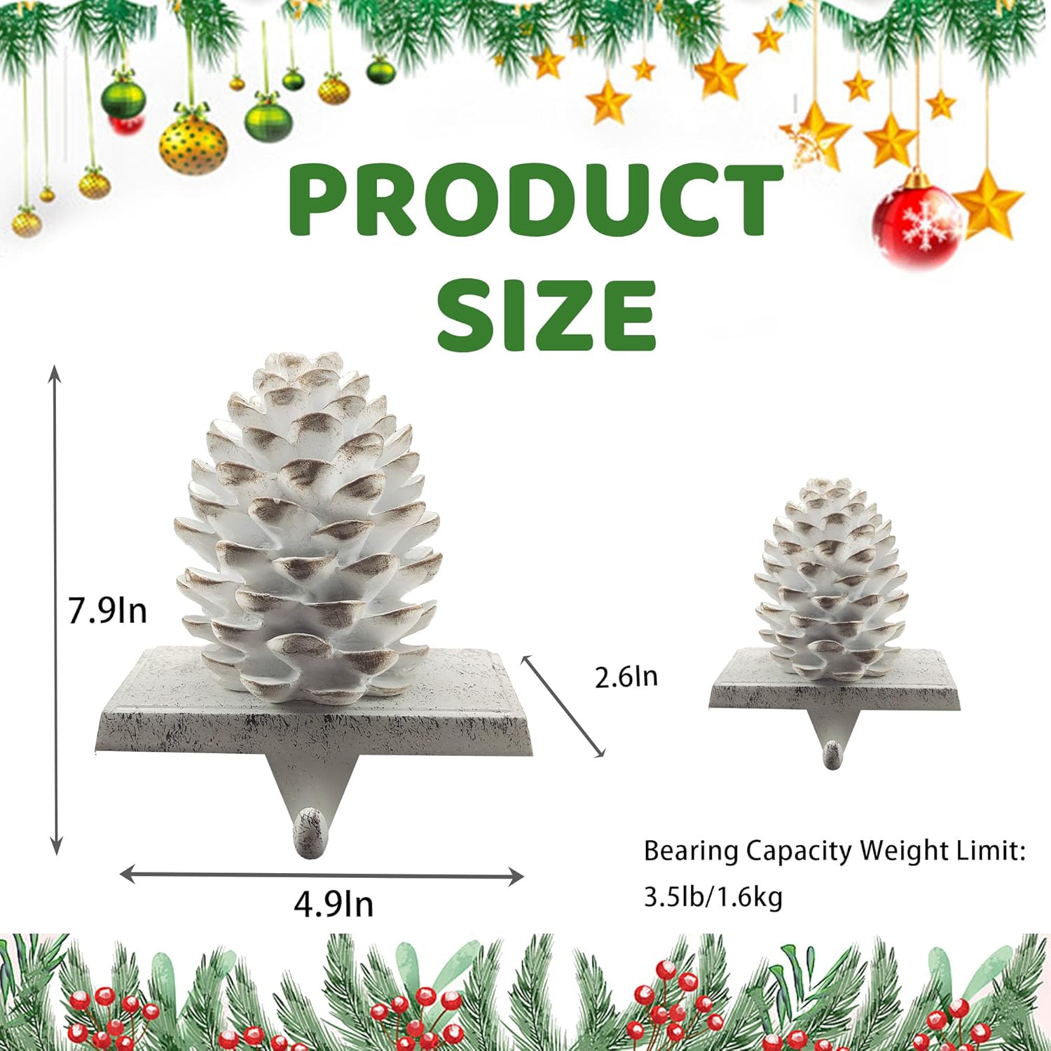 2 Pack Christmas Pinecone Stocking Holders Mantle, Gift Stocking Hook Pine Cone 3D Xmas Metal Mantel Stocking Hangers for Fireplace Christmas Decorations(White)