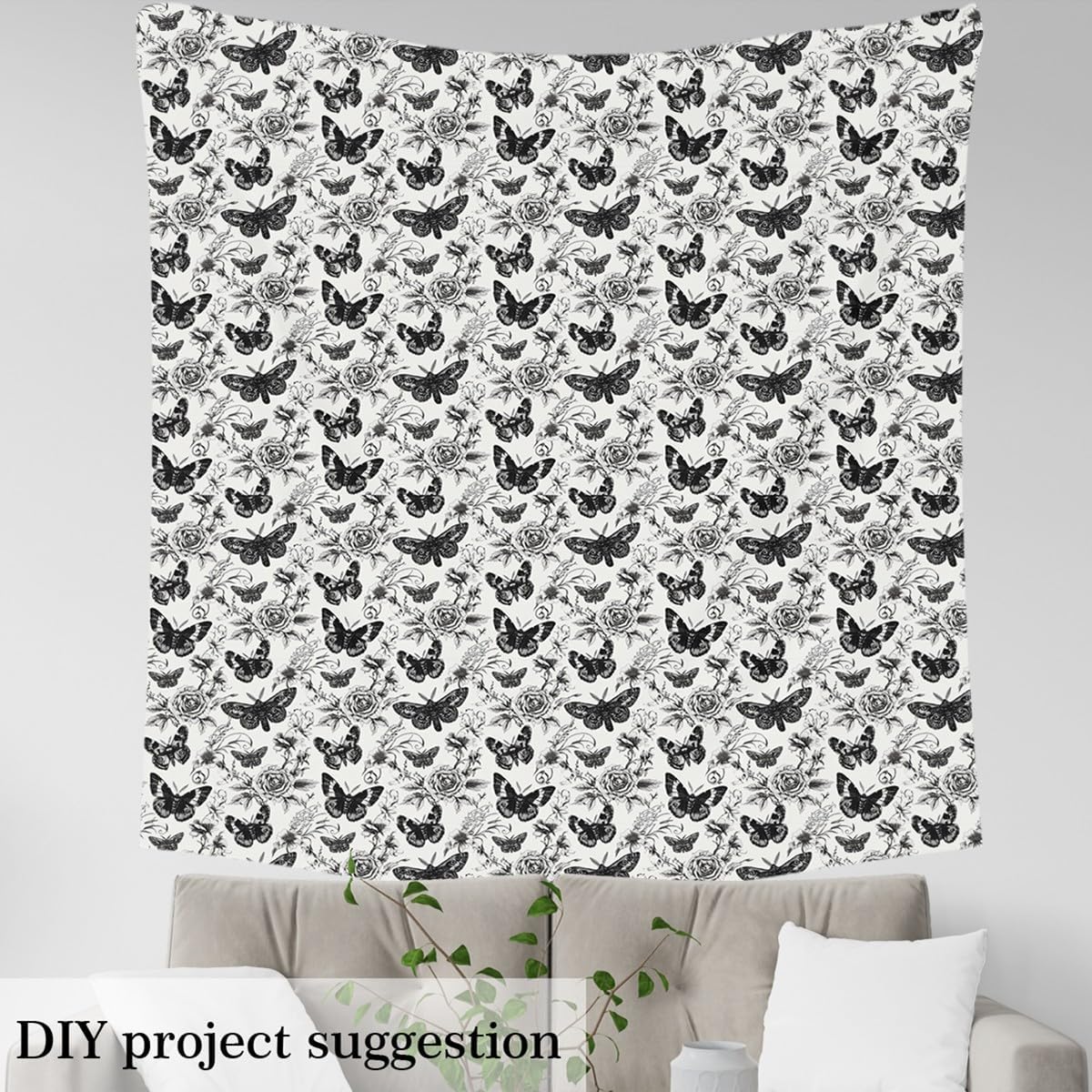 Erosebridal Rose Floral Upholstery Flannel Fabric by The Yard,Butterfly Moth Flannel Fabric by The Yard,Vintage Blossoms Botanical Decor,Retro Leaves Halloween Theme Fabrics,Grey Black White,2 Yards