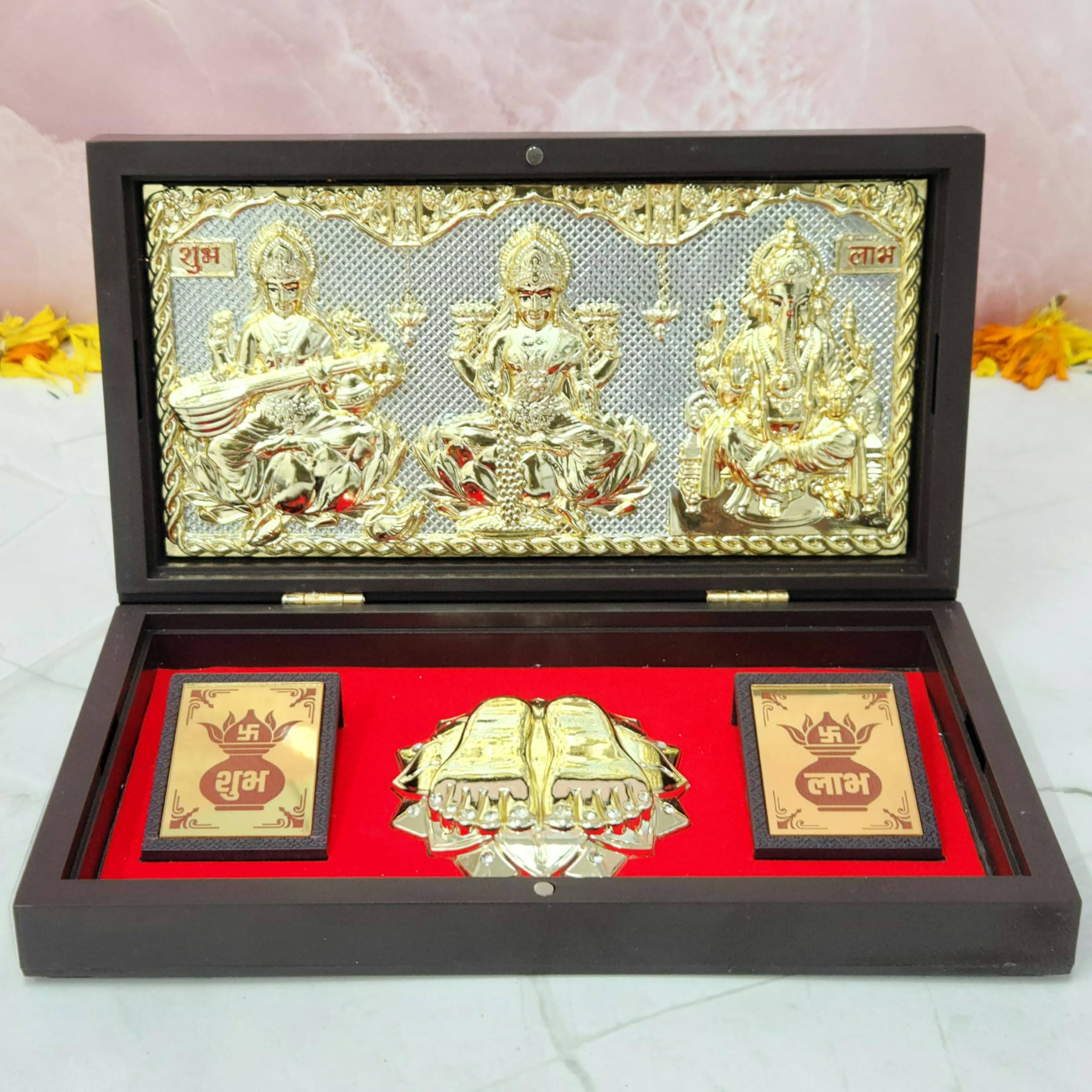 ARNAVIRA Gold Plated Lakshmi Saraswati Ganpati Photo Frame with Charan Paduka Pocket Temple for Diwali Gift,House Warming Gifts Return Gift Puja Box (Laxmi Saraswati Ganpati)