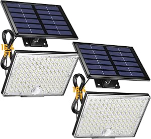 SUPERDANNY Solar Outside Lights with Motion Sensor, 113 Bright LEDs 7000K, Outdoor Flood Lights Dusk to Dawn with 16ft Cable IP65 Waterproof, Security Light for Front Porch, Garage, Side Yard-2 Pack