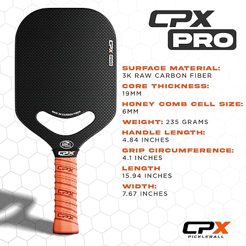 Miniatura 7 de CPX Pro - Paleta de pickleball de fibra de carbono, grado profesional, acabado mate, núcleo de panal de abeja de 0.79 pulgadas, agarre estilo tenis,